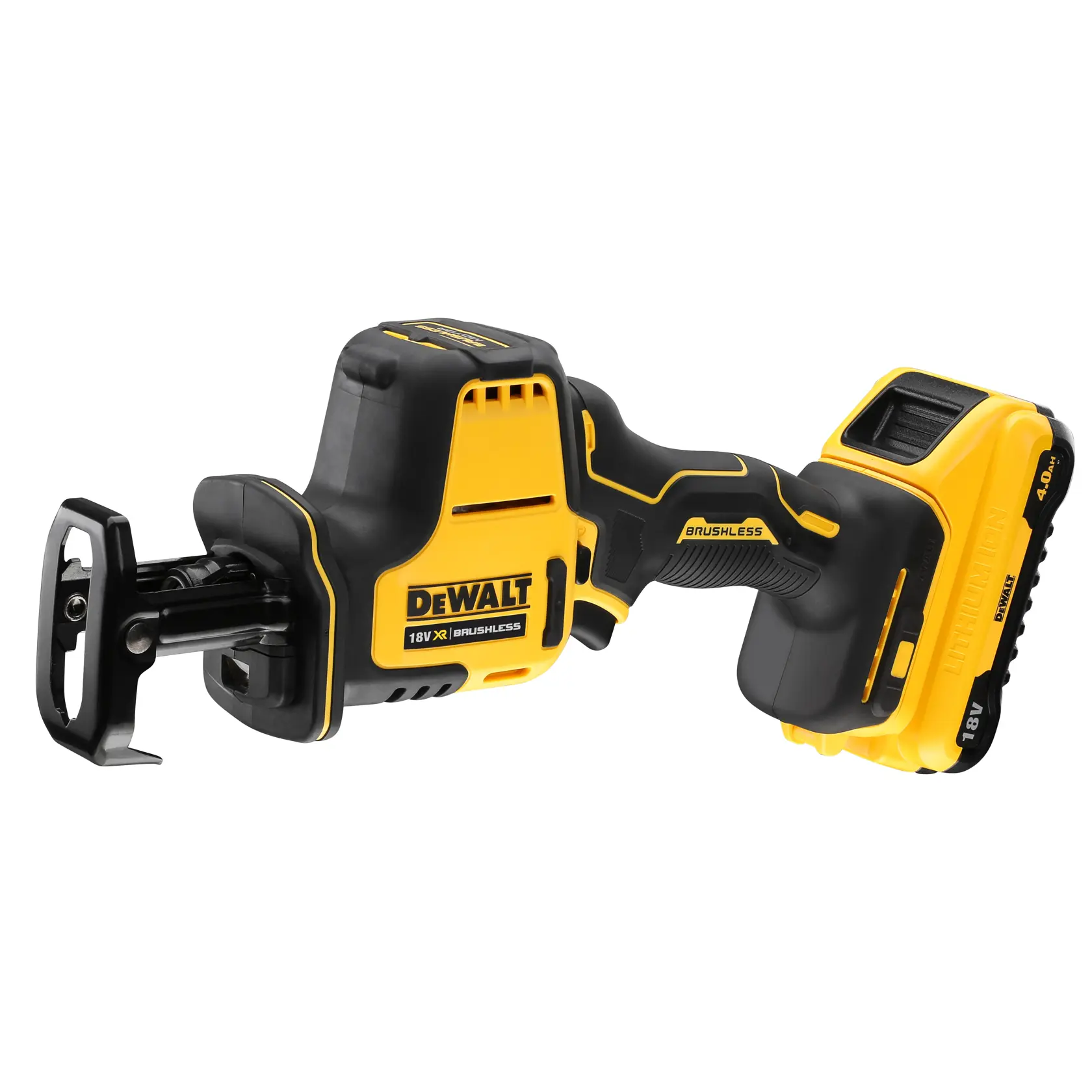 DEWALT 18V XR Akku-Säbelsäge mit bürstenlosem Motor und Batterie, schwarz-gelb.