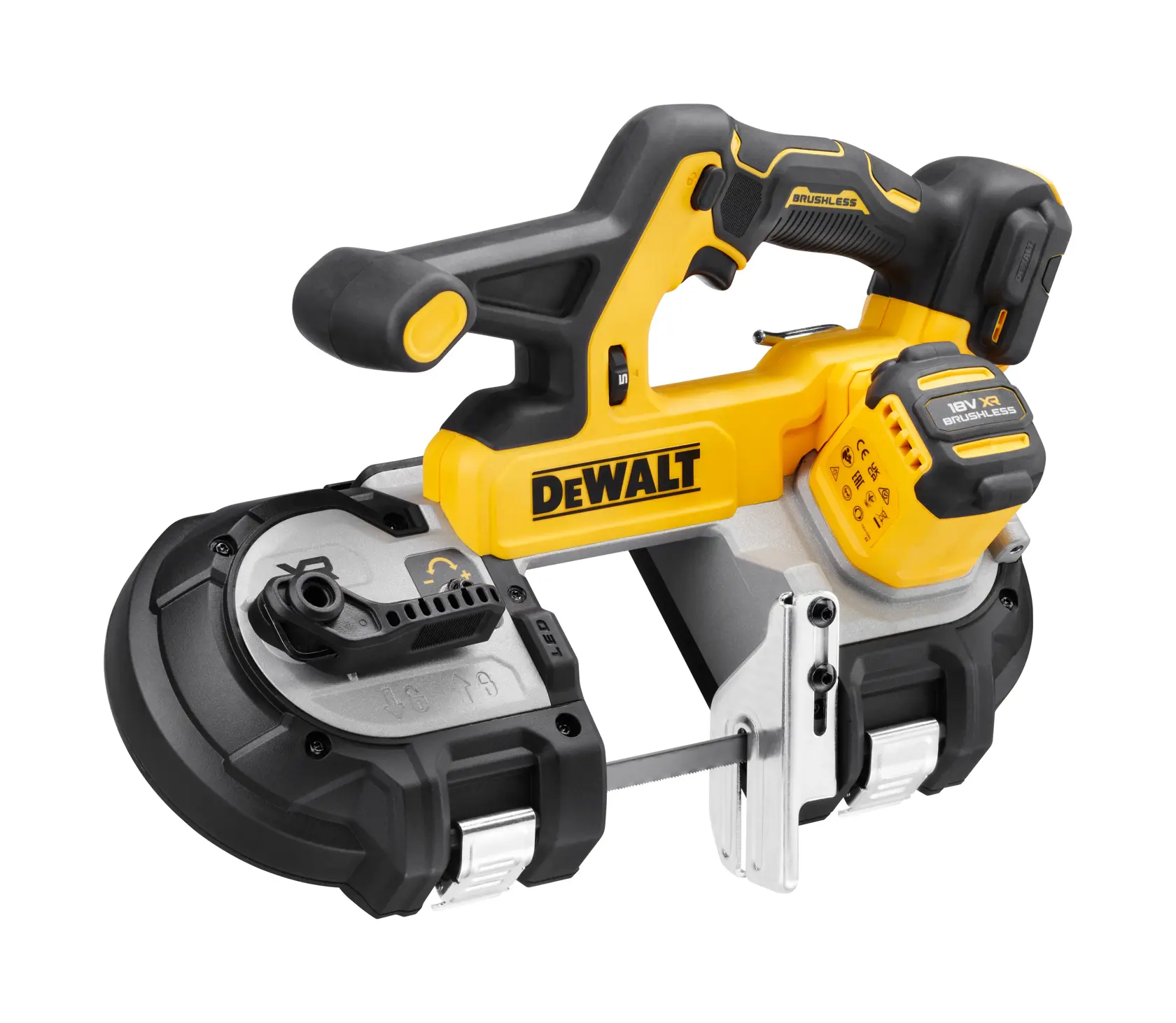 DEWALT kabellose Bandsäge DCS378N in Gelb-Schwarz, mit eingesetztem Akku.