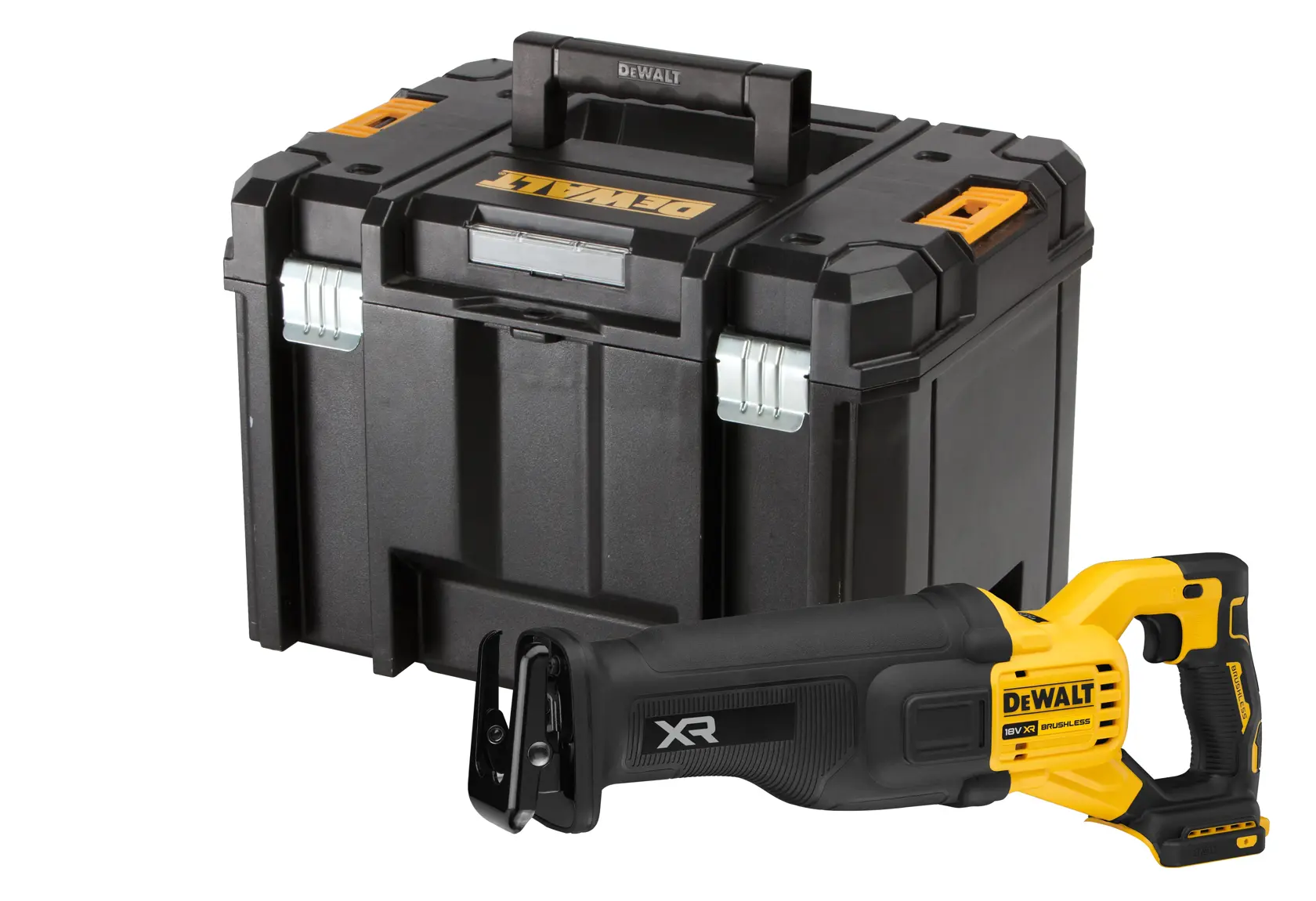 DEWALT Akku-Säbelsäge mit schwarzem und gelbem Koffer, Produkt vor weißem Hintergrund.