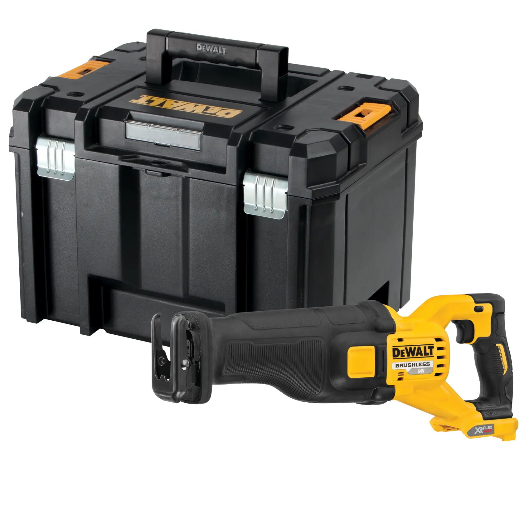 DEWALT Akku-Säbelsäge und schwarze Aufbewahrungsbox nebeneinander dargestellt.