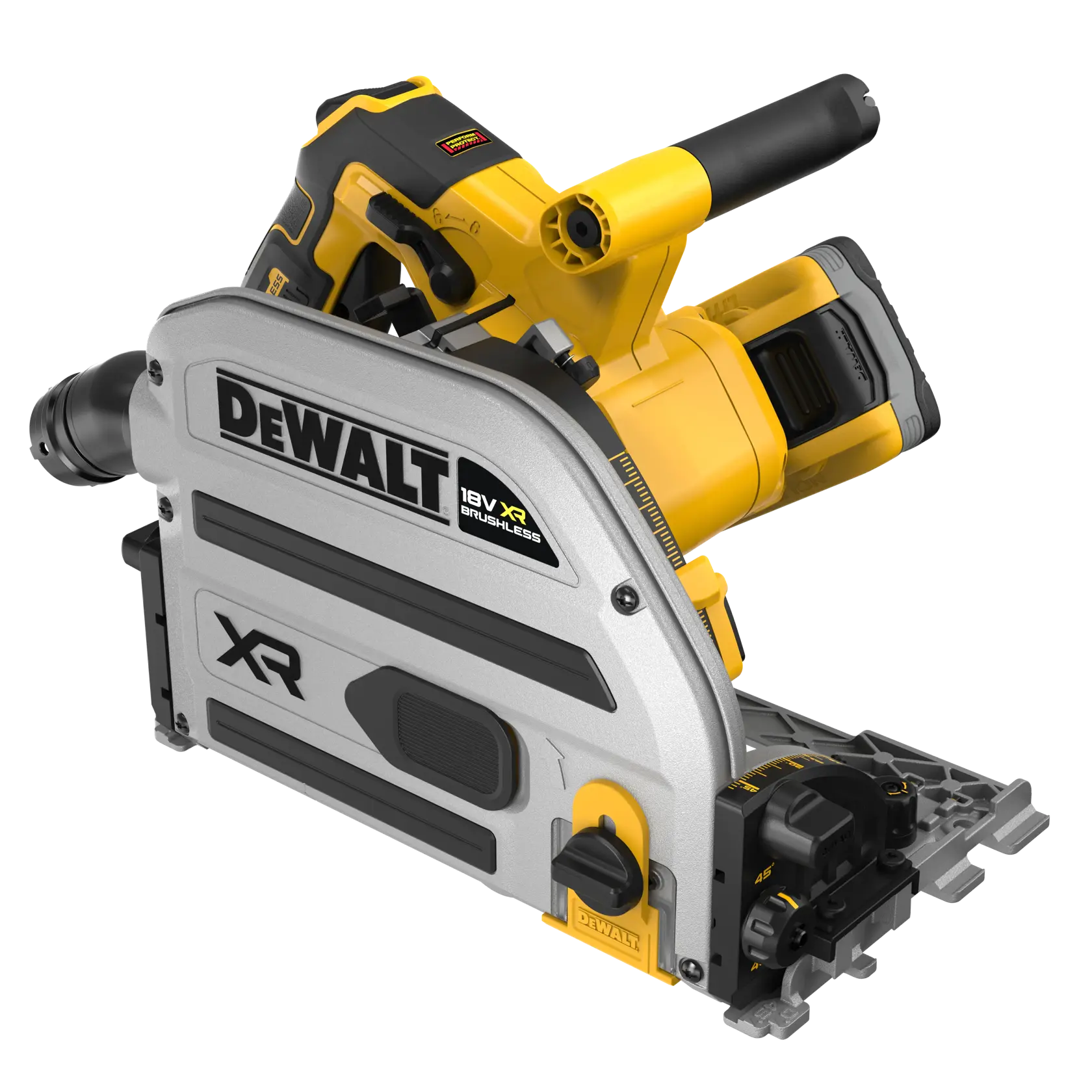 DEWALT 18V XR Akku-Tauchsäge mit silber-gelbem Design, ergonomischem Griff und stabilem Sockel.
