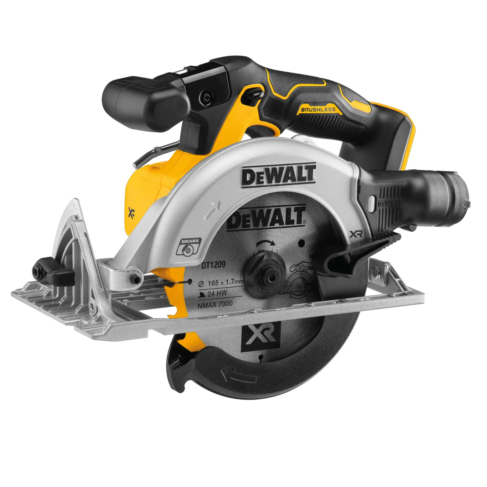 DEWALT Akku-Säge, Produktfoto, SKUs DCS565NT-XJ, DCS565NT. Gelb-schwarzes Werkzeug sichtbar.