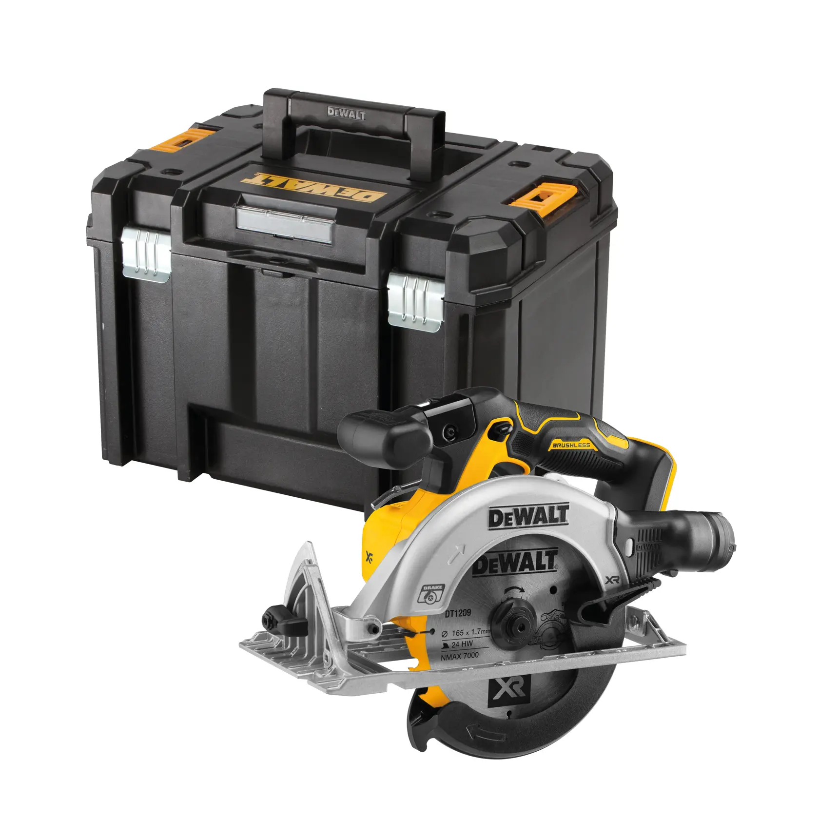 DEWALT Akku-Säge, Produktfoto, SKUs DCS565NT-XJ, DCS565NT. Gelb-schwarzes Werkzeug sichtbar.