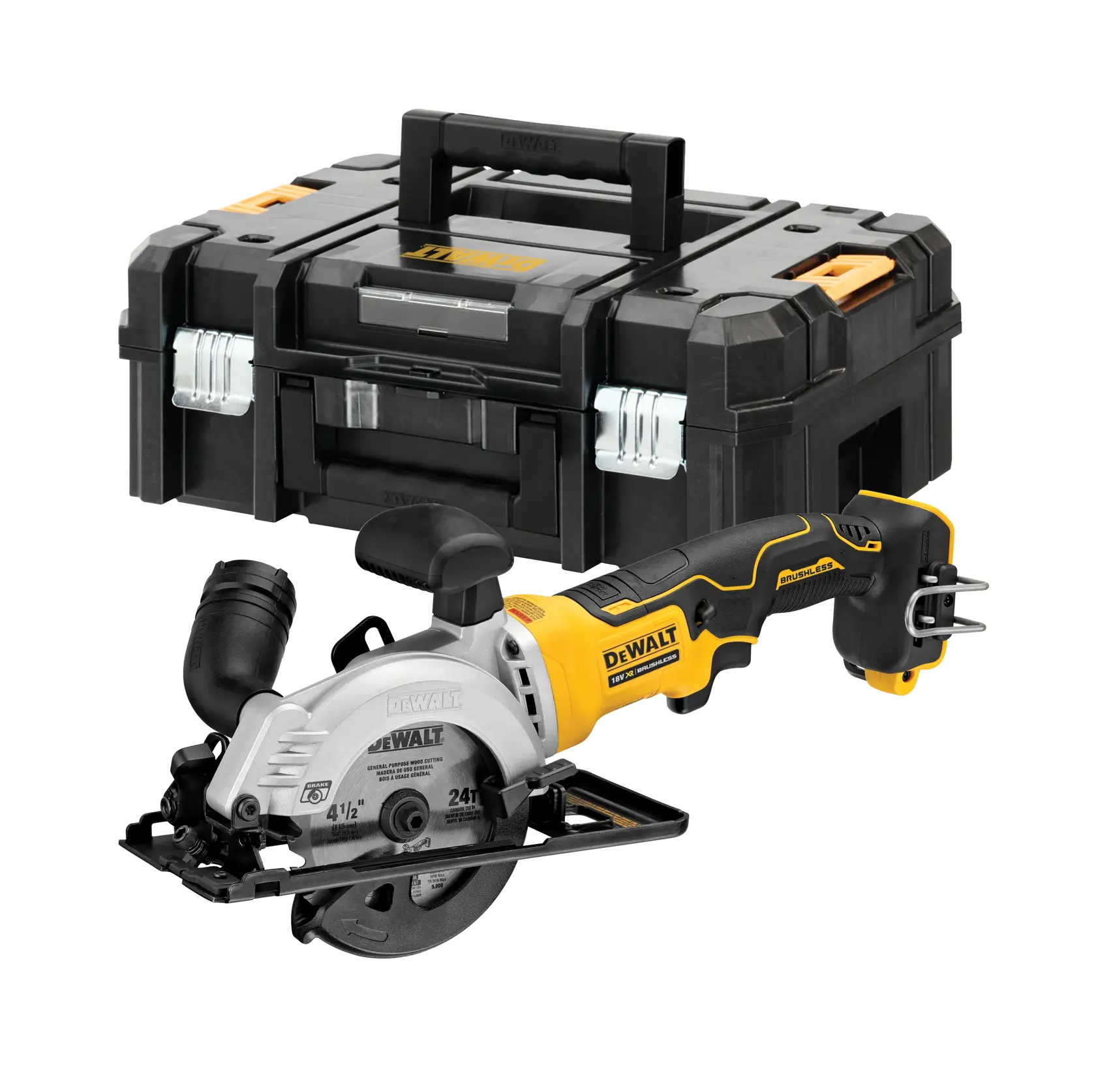 Eine kompakte, kabellose DEWALT Kreissäge im schwarzen und gelben Design, dargestellt vor einem passenden schwarzen DEWALT Aufbewahrungskoffer mit Metallverschlüssen und robustem Griff.