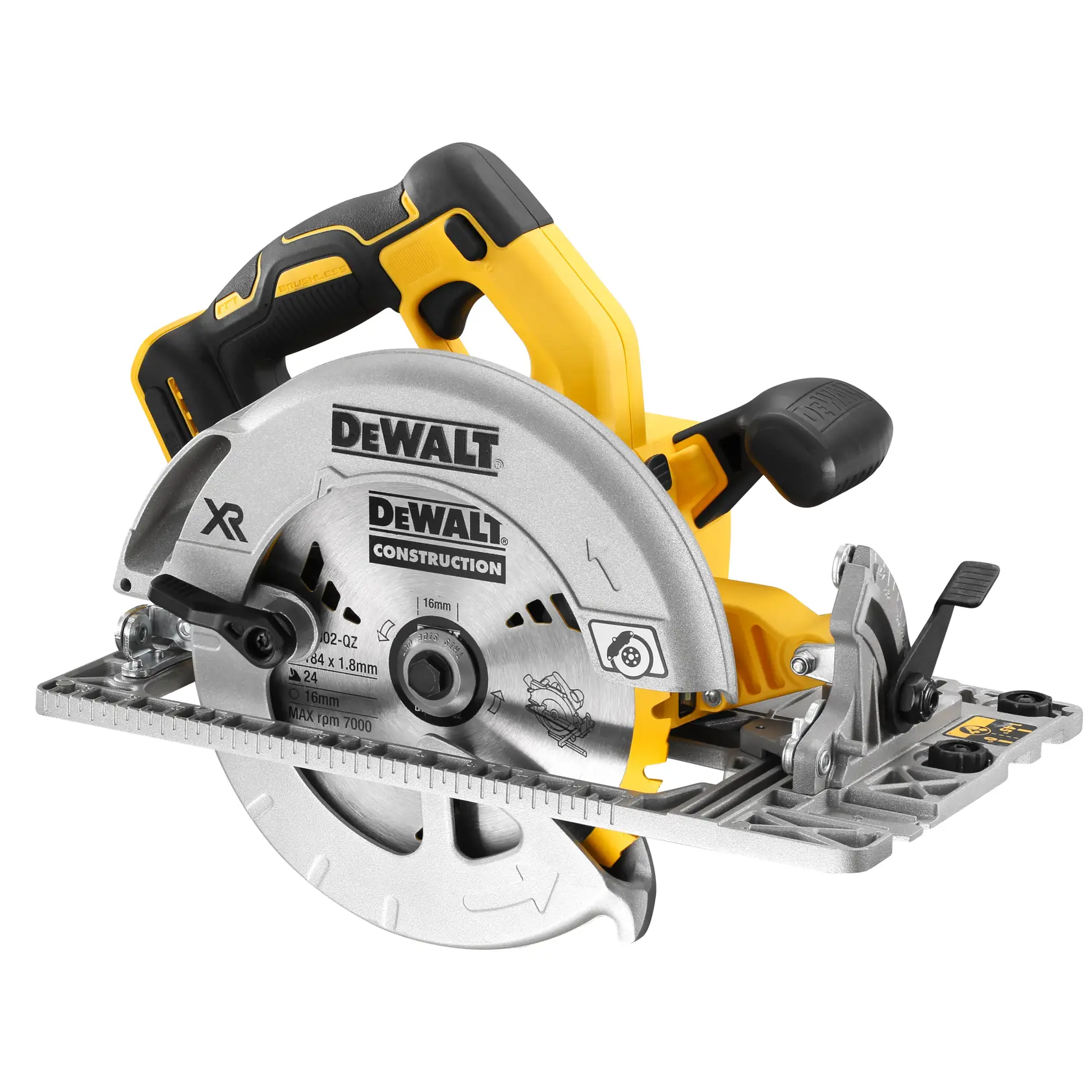 DEWALT Akku-Kreissäge mit ergonomischem Griff und Metallschutz für das Sägeblatt.