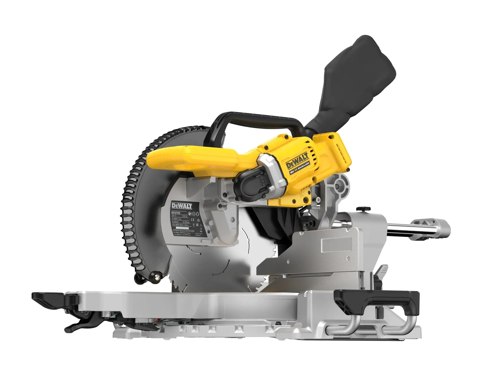 DEWALT DCS782N Kappsäge mit gelbem Griff und silbernem Sockel für präzises Holzschneiden.