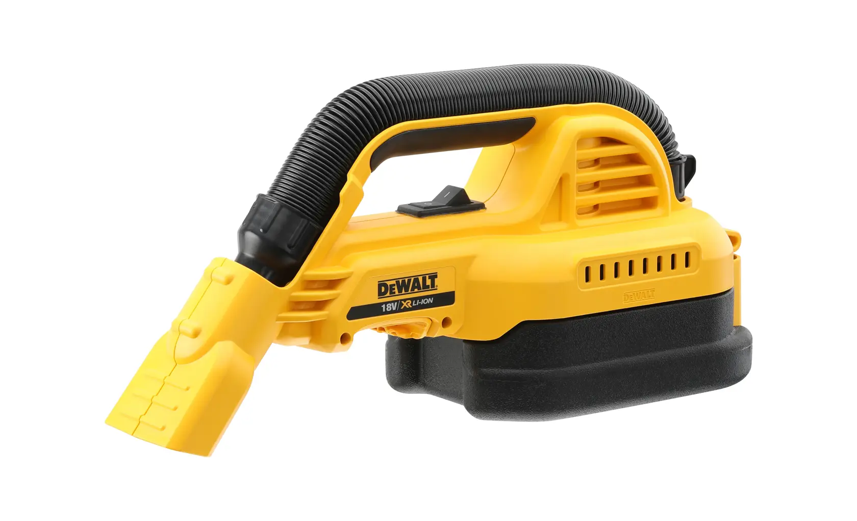 DEWALT DCV517N gelber kabelloser Handstaubsauger mit flexiblem Schlauch, vor weißem Hintergrund.