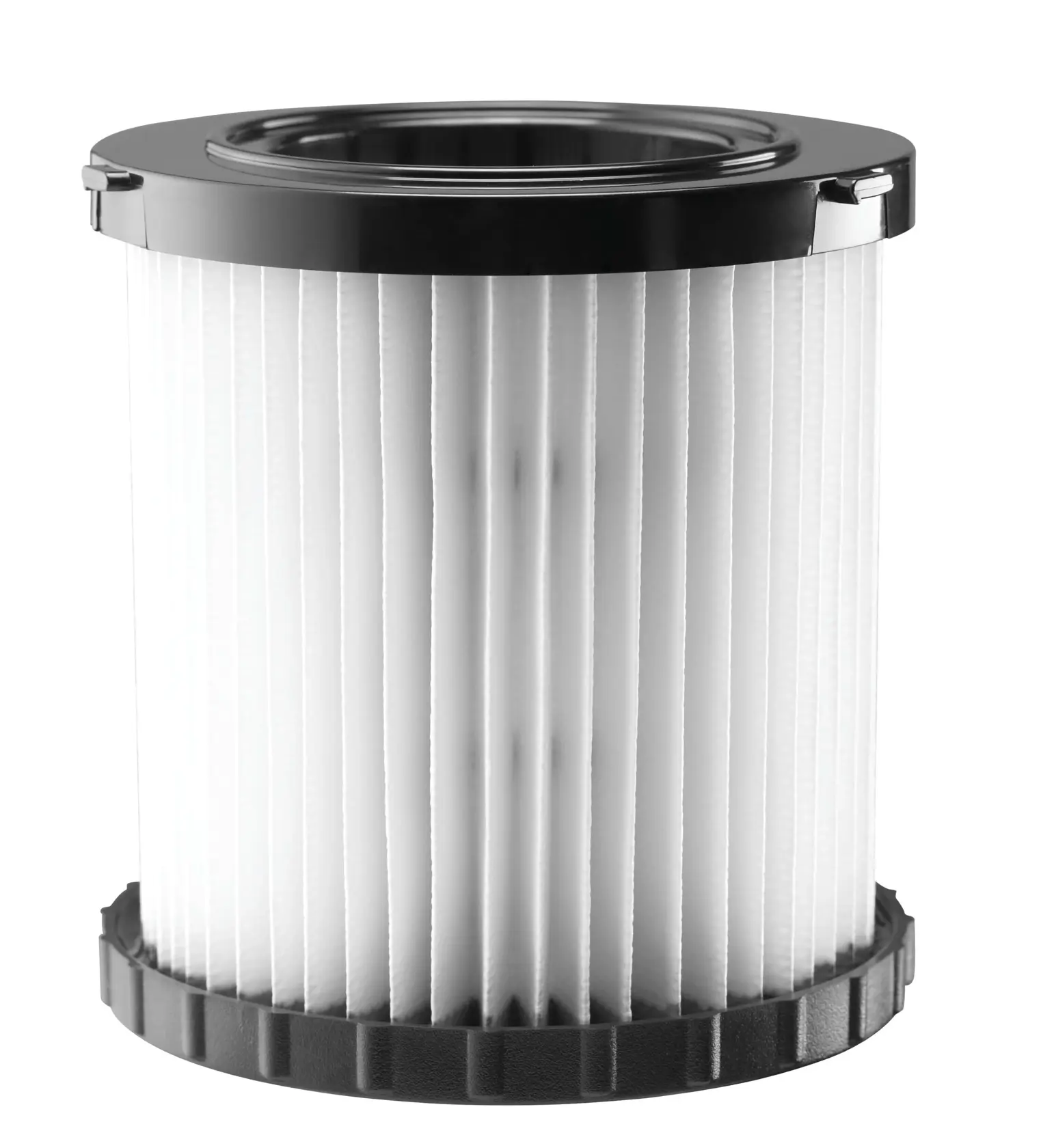 Ein zylindrischer Staubsaugerfilter mit gefalteten weißen Materialien und schwarzen Kunststoff-Endkappen, abgebildet vor einem weißen Hintergrund.