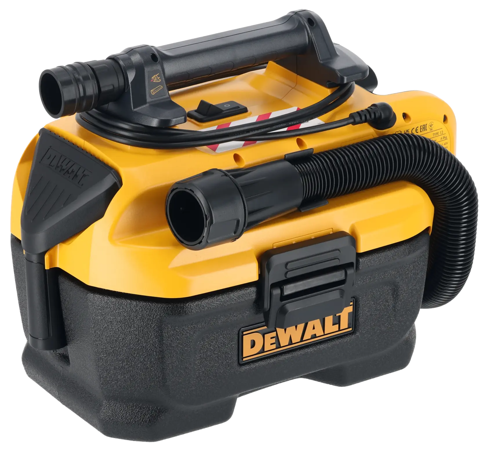 Ein tragbarer DEWALT Nass- und Trockensauger mit gelb-schwarzem Design, flexiblem Schlauch und stabilem Griff.