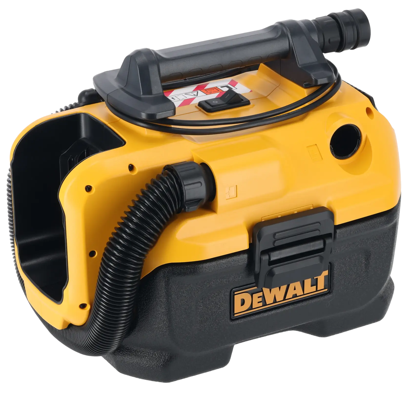 DEWALT mobiler Nass-/Trockensauger mit Griff und Schlauch, gelb und schwarz, Modell DCV584L.