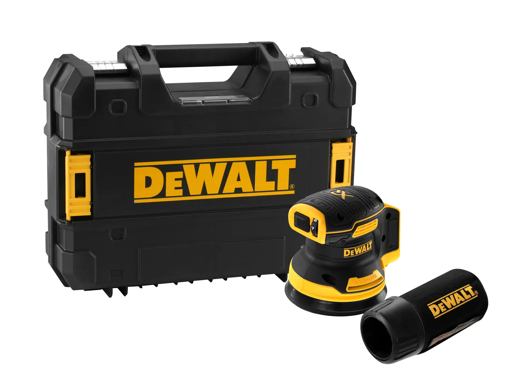 DEWALT Akku-Exzenterschleifer mit Staubfang und Hartschalenkoffer in Schwarz und Gelb.