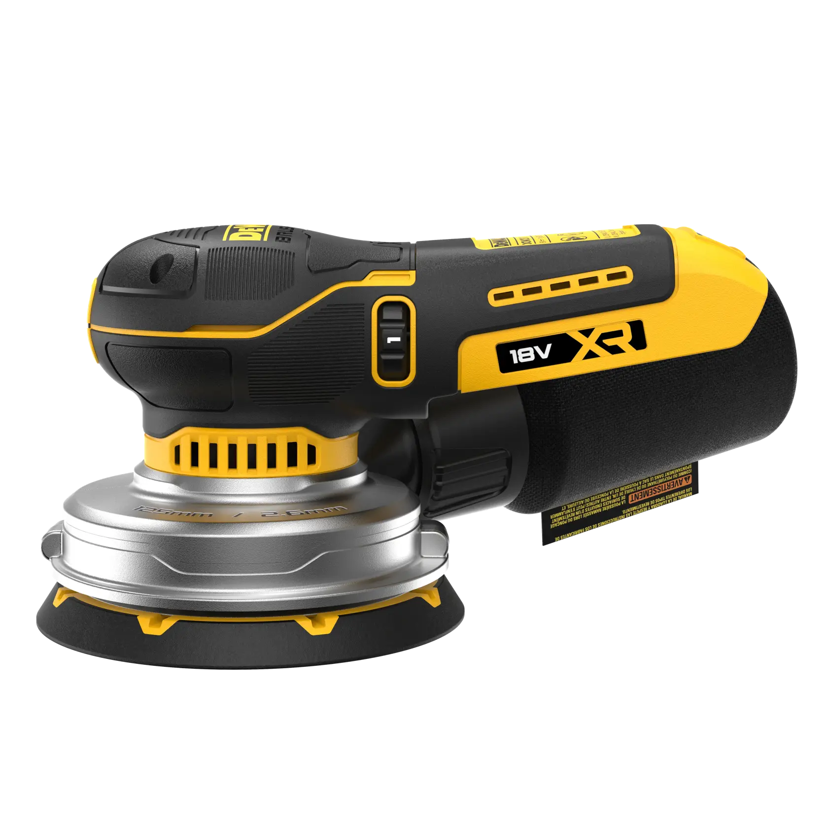 DEWALT 18V XR Akku-Schleifer in Schwarz-Gelb, seitlich vor weißem Hintergrund.