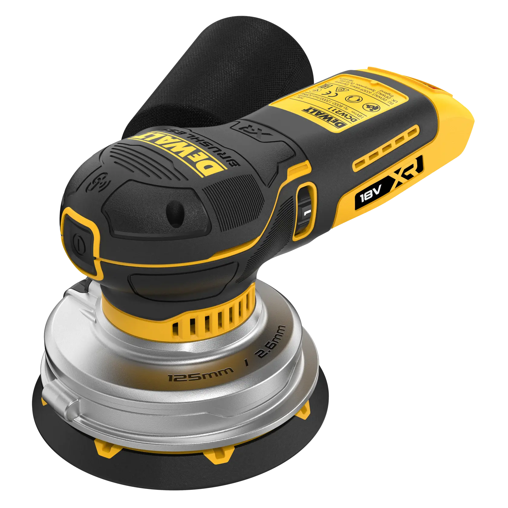 DEWALT kabelloser Exzenterschleifer in Schwarz-Gelb, 18V XR, mit Staubbeutel.