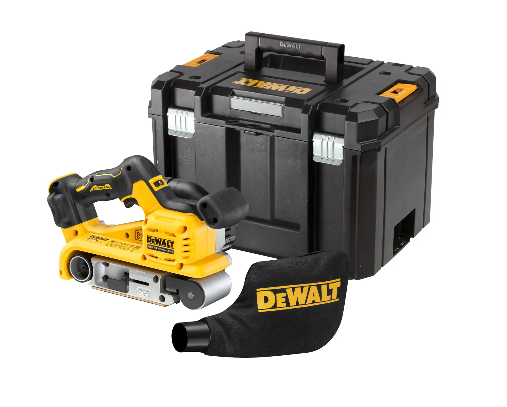 DEWALT Akku-Bandschleifer mit schwarzem Koffer und Staubbeutel auf weißem Hintergrund.