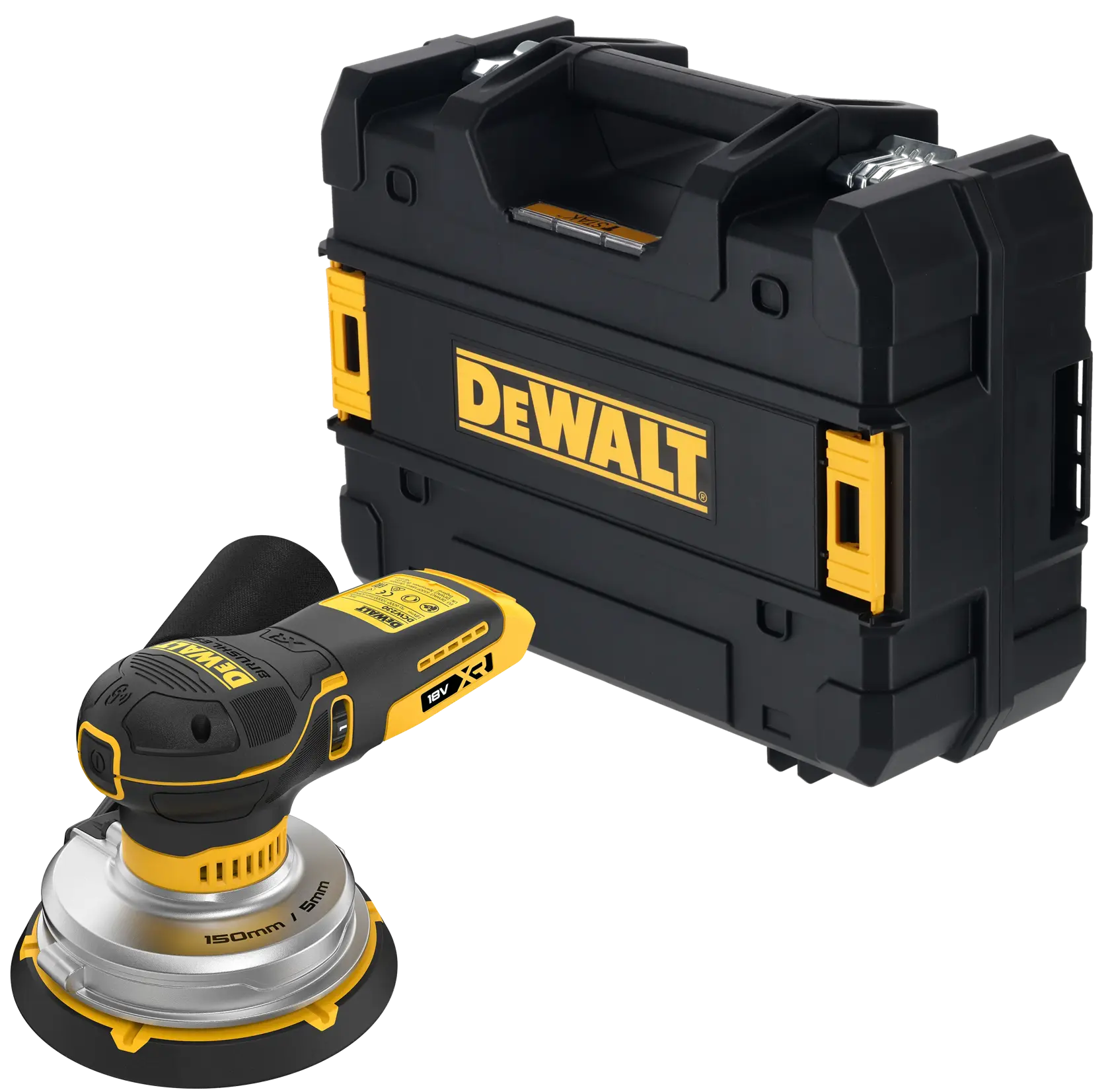 DEWALT Akku-Schleifer mit schwarzem Transportkoffer, gelb-schwarz, vor weißem Hintergrund.