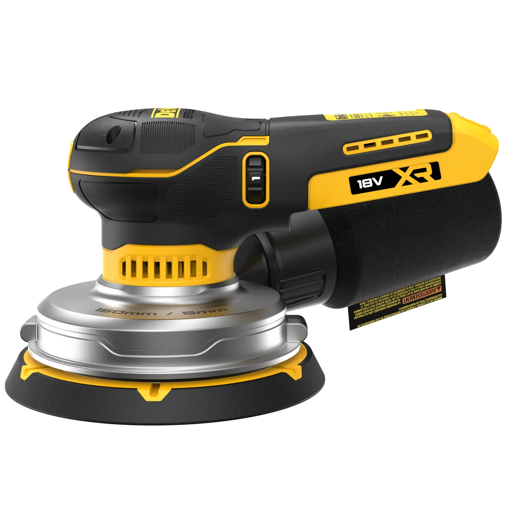 DEWALT 18V XR Akku-Exzenterschleifer im schwarz-gelben Design mit Staubbeutel.