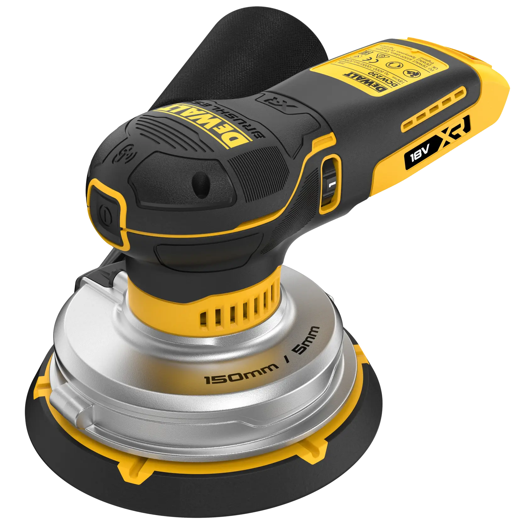 DEWALT Akku-Exzenterschleifer, 18V XR, 150mm Schleifteller, gelb-schwarzes Design, schräg abgebildet.