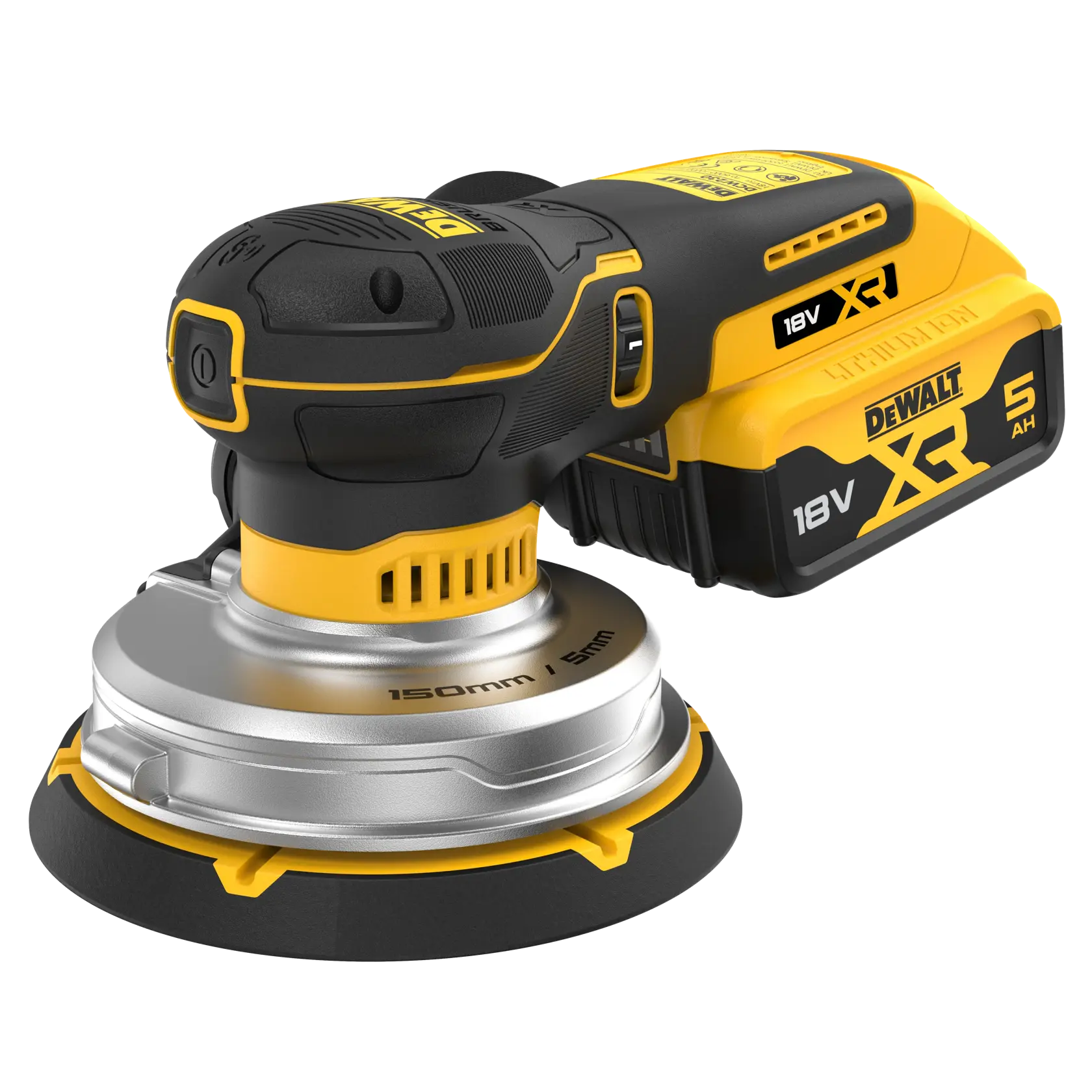 DEWALT 18V XR Akku-Schleifer mit 150mm Pad und 5Ah Akku, schwarz-gelb, Nahaufnahme.