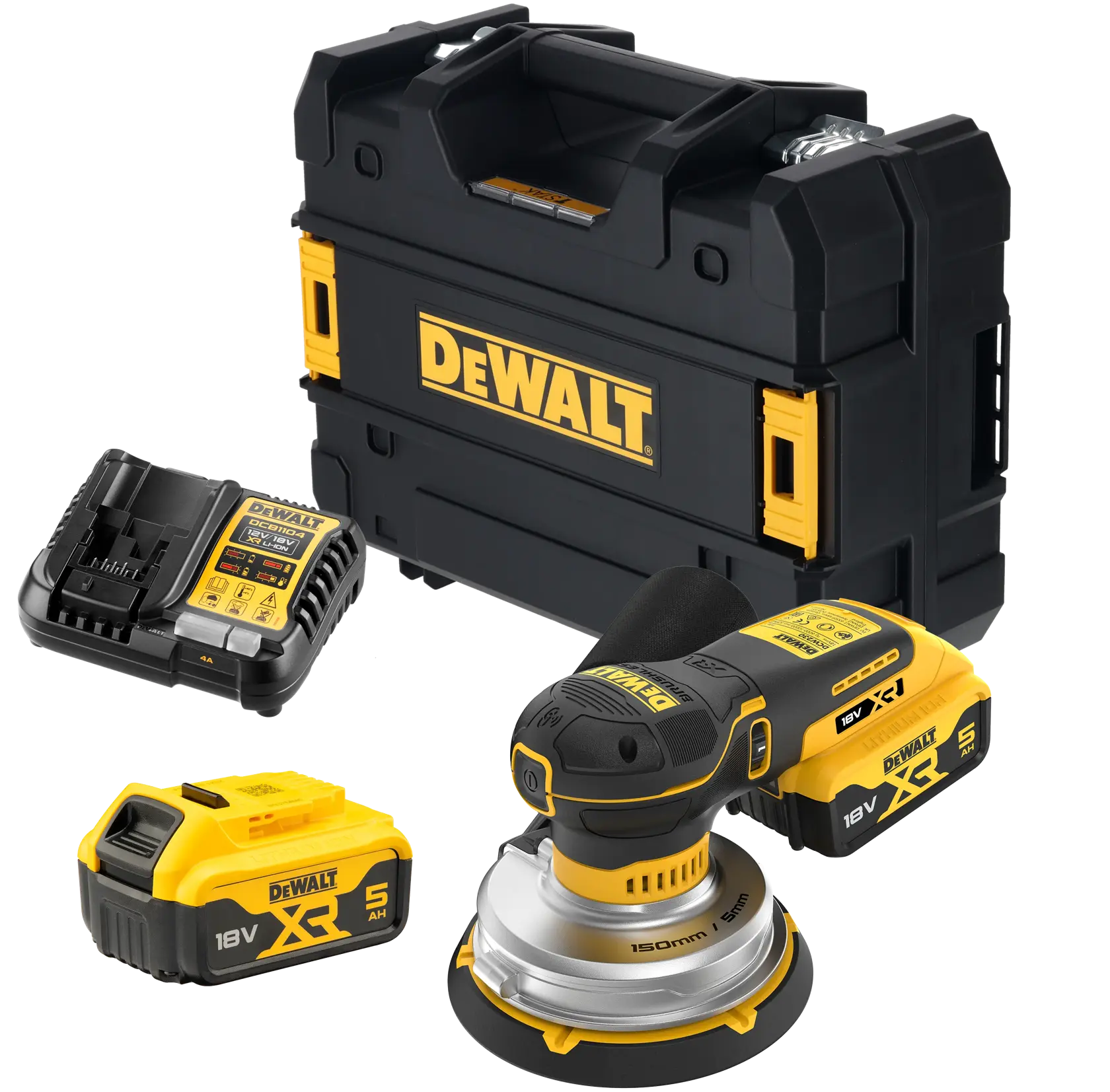 DEWALT Akku-Schleifer Set mit Batterie, Ladegerät und Transportkoffer in Schwarz und Gelb.