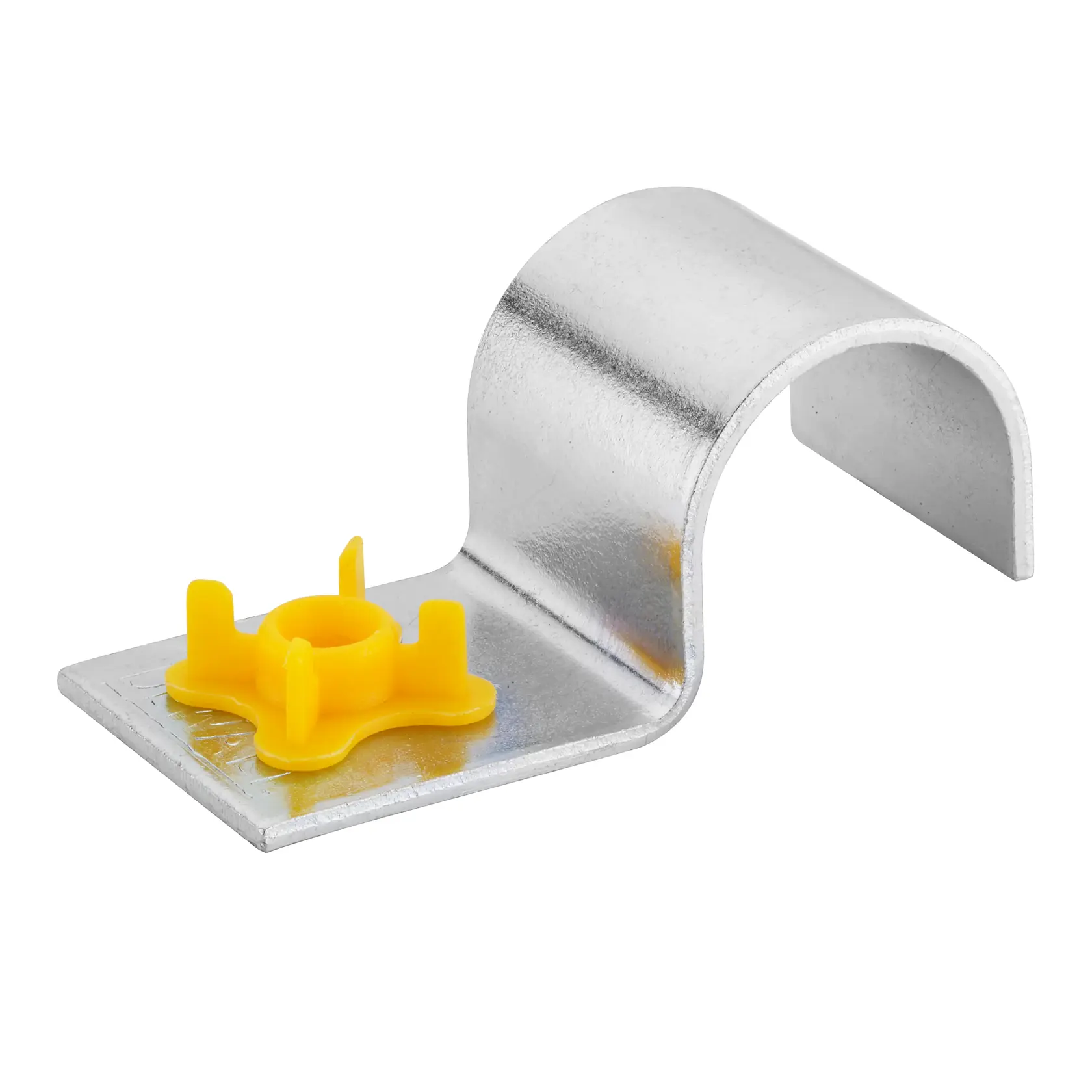 DEWALT Kabelklemme aus Metall mit gelber Kunststoffhalterung zur sicheren Kabelführung.