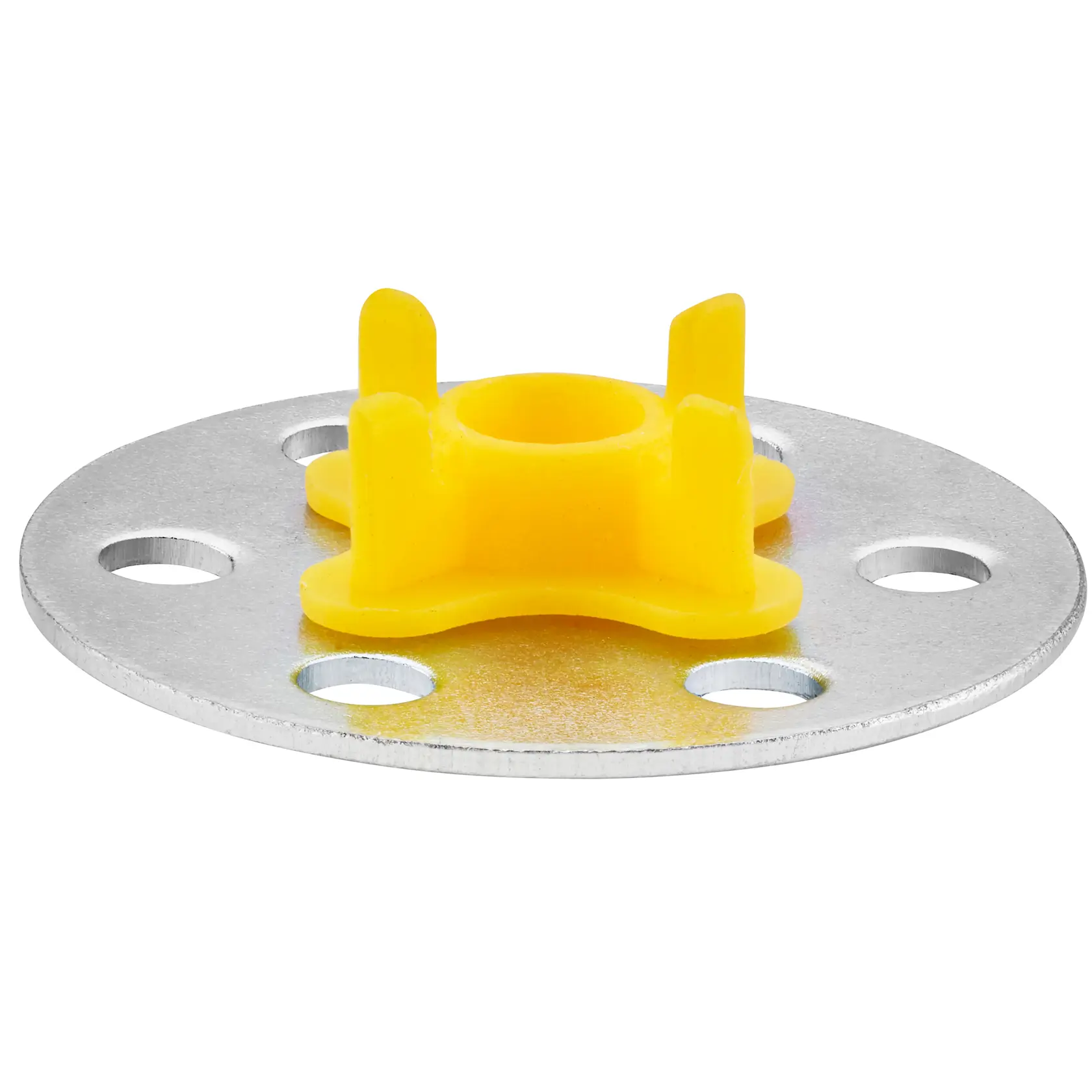 Runde Metallplatte mit gelbem Kunststoffmittelteil und Löchern, DEWALT Fotozubehör.