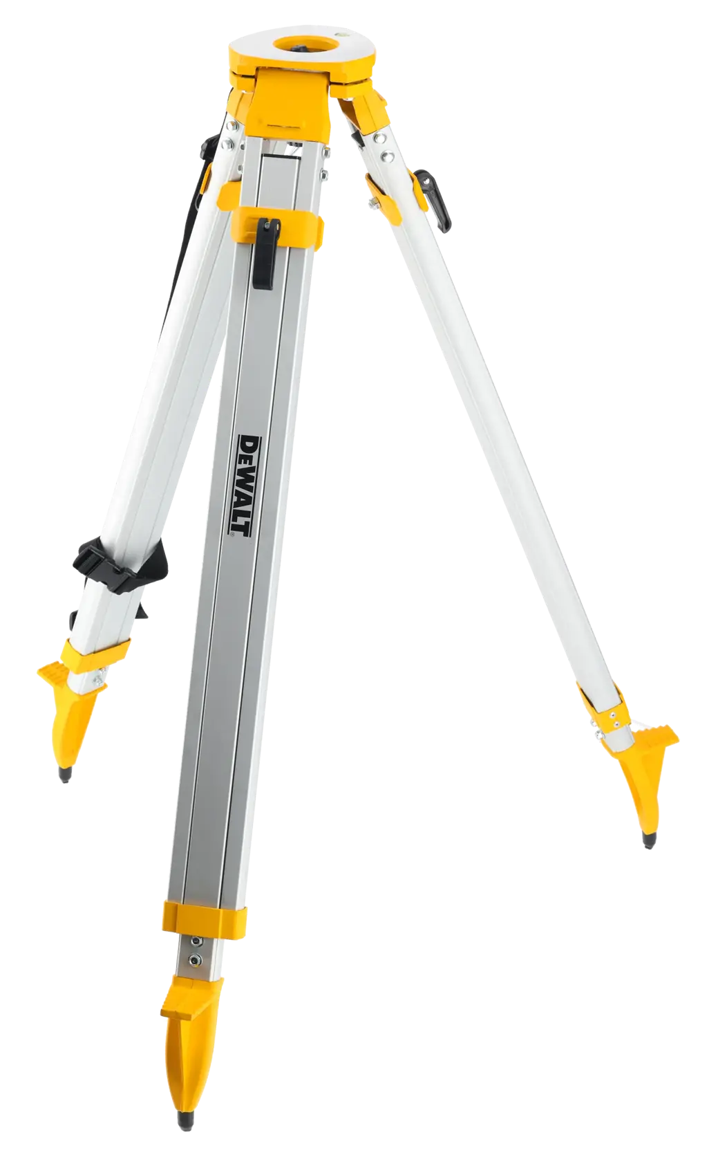DEWALT Aluminium-Stativ für Fotografie mit verstellbaren Beinen und gelben Akzenten, auf weißem Hintergrund.