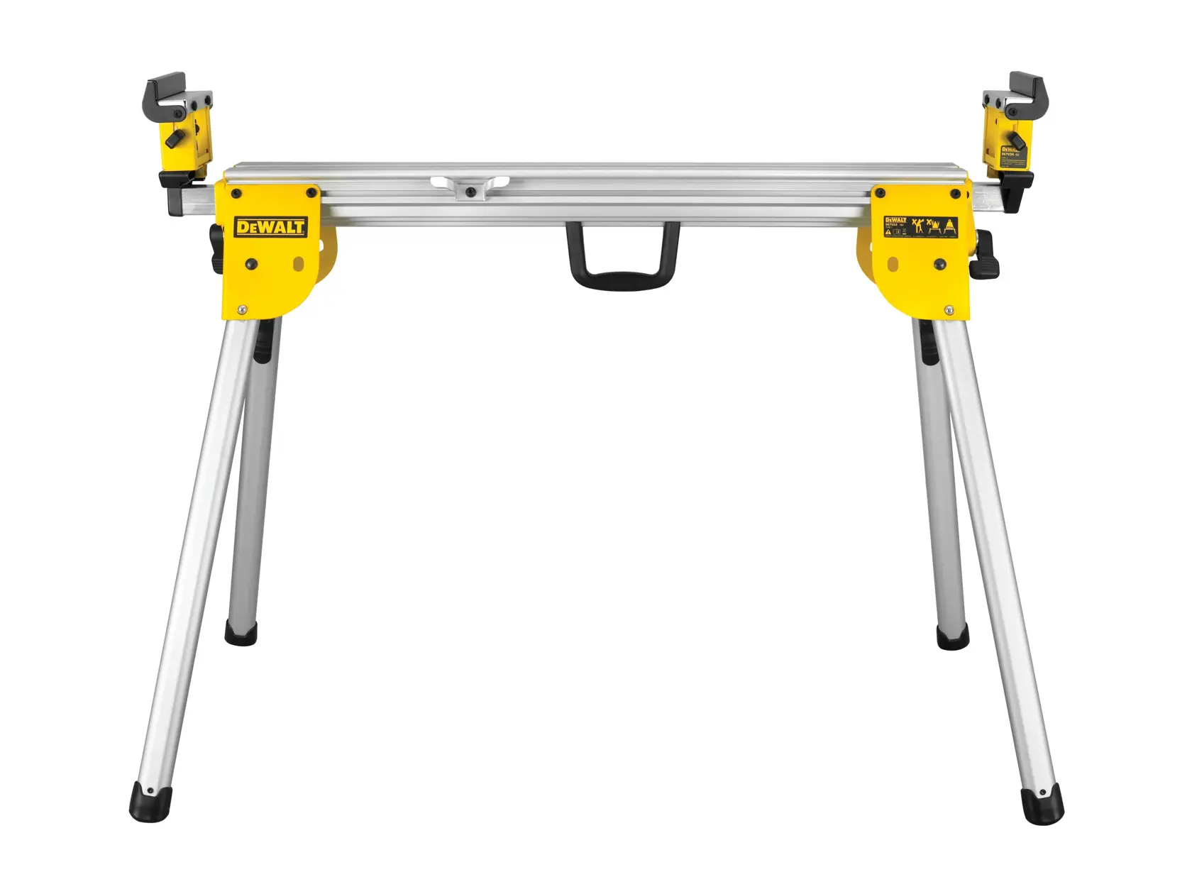 DEWALT DE7033 Klappsägeständer mit Metallbeinen und gelben Halterungen, geeignet als tragbare Stütze.