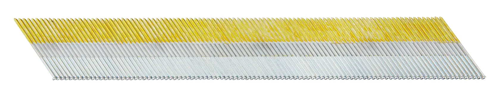 Ein Streifen angewinkelter Nägel mit gelbem Band, geeignet für Nagelpistolen.