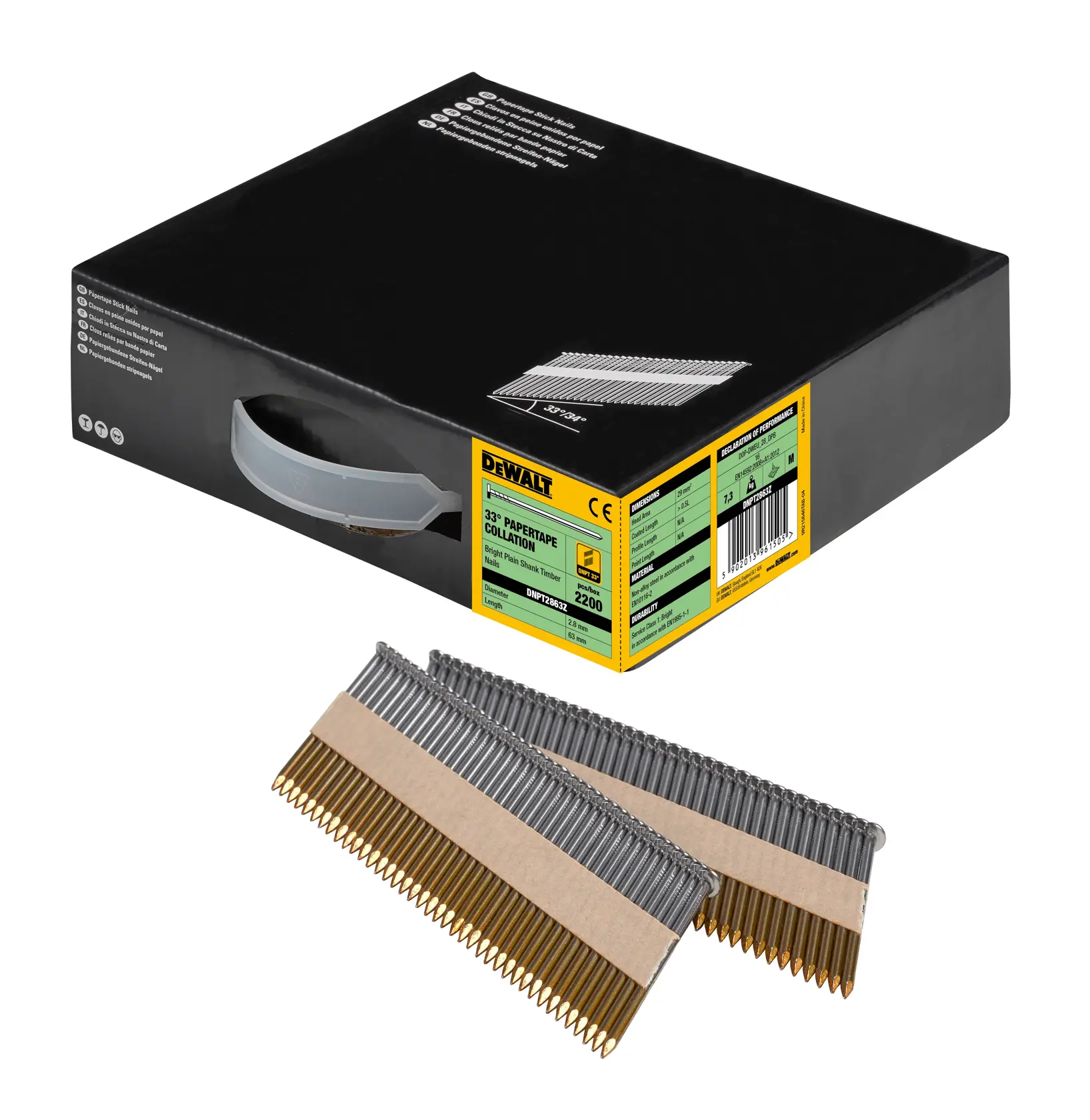 DEWALT Karton mit Papertape-Nägeln für Bauarbeiten, Verpackung und Nagelstreifen sichtbar.