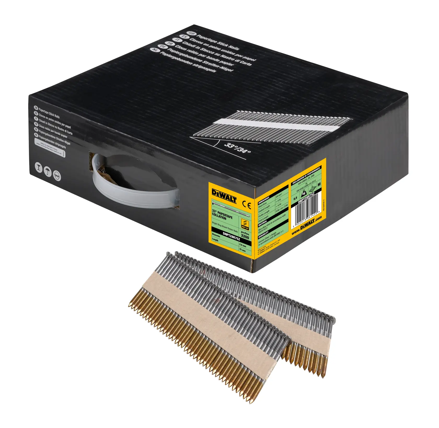 DEWALT Nagelbox mit zwei Nagelstreifen vor der Verpackung dargestellt.