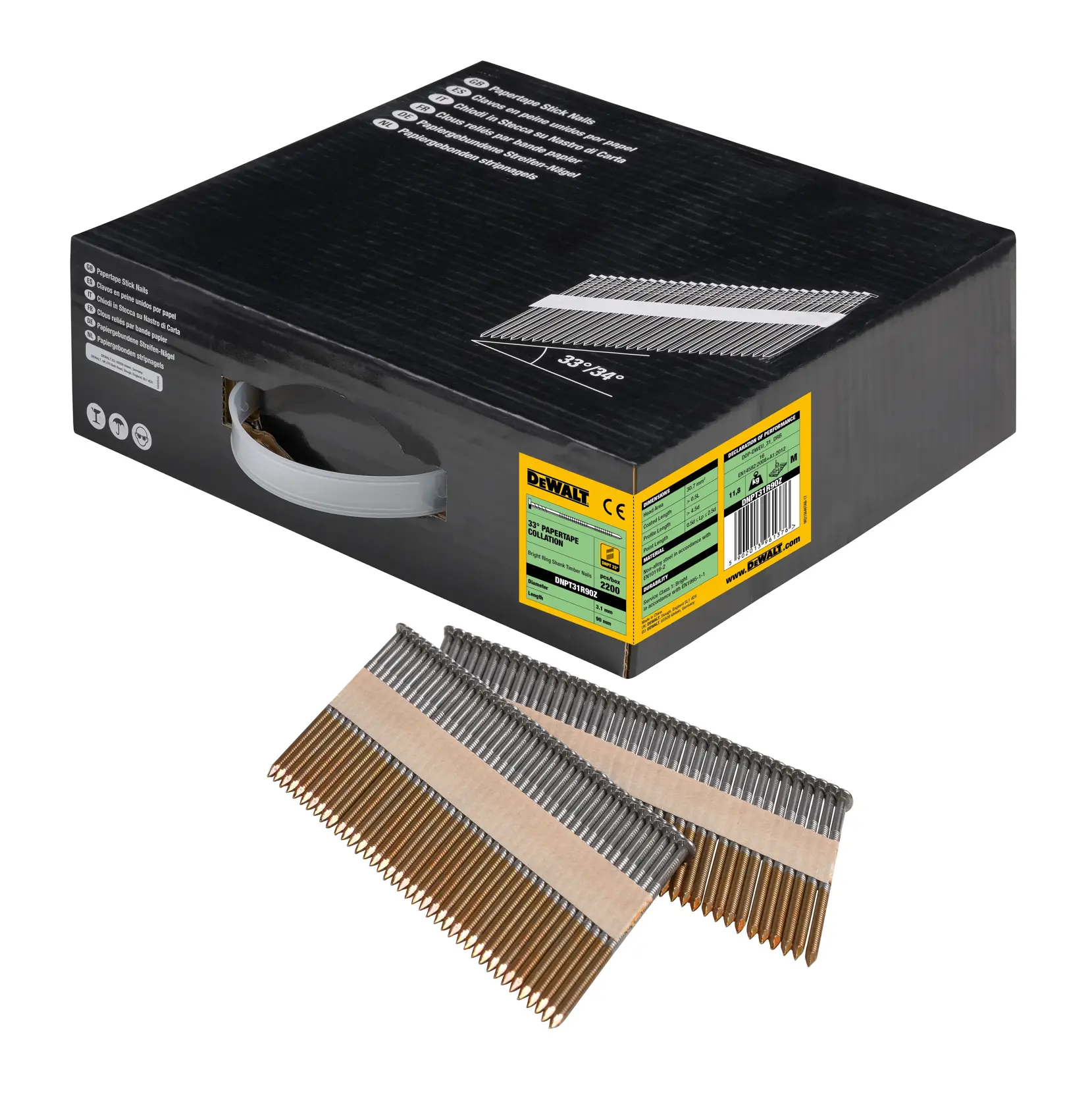 DEWALT Nagelbox mit zwei Streifen magazinierter Nägel für Rahmenarbeiten vorne.