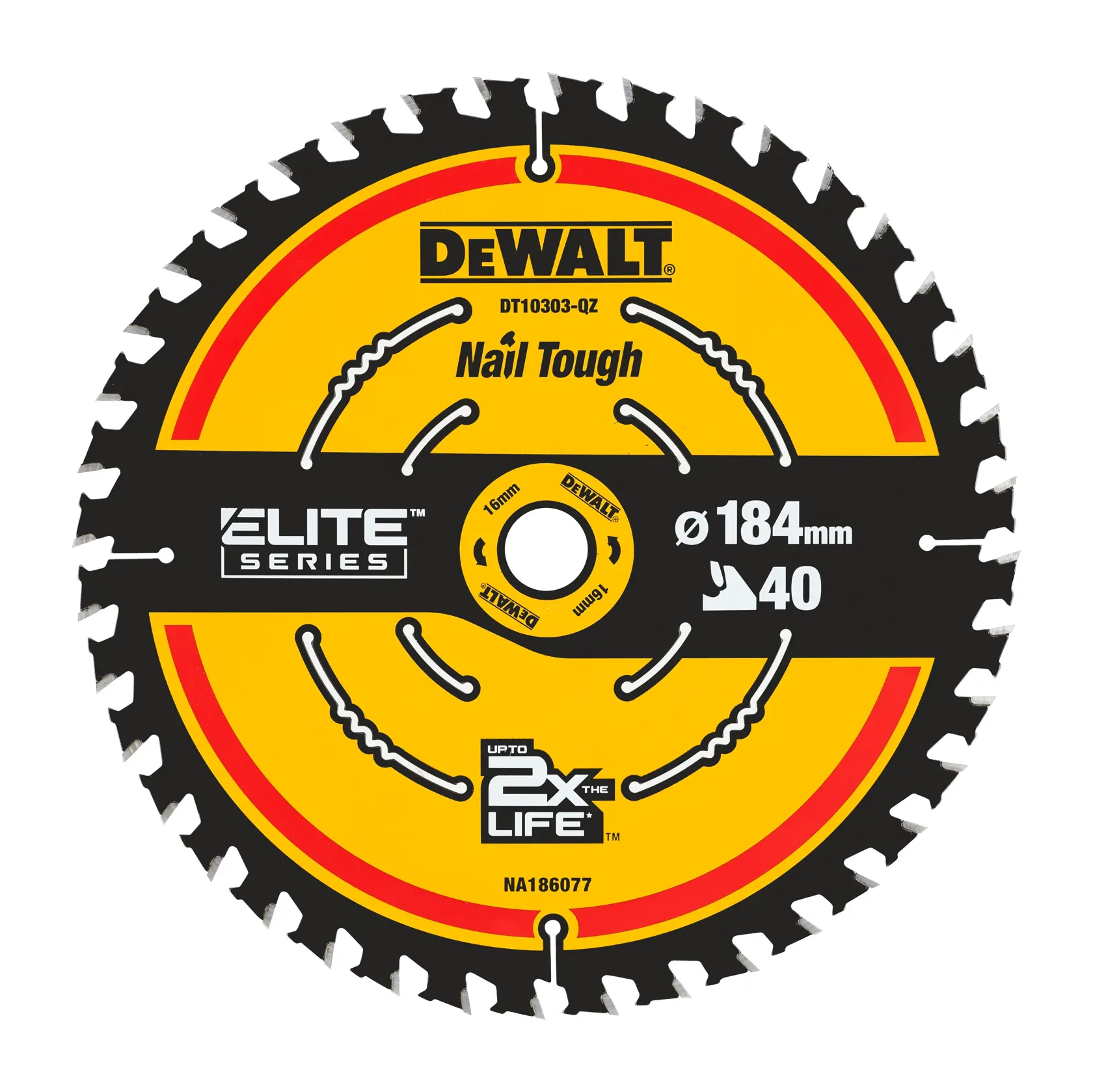 DEWALT DT10303 Kreissägeblatt, Elite Series, Nail Tough, 184mm, 40 Zähne, gelb und schwarz.