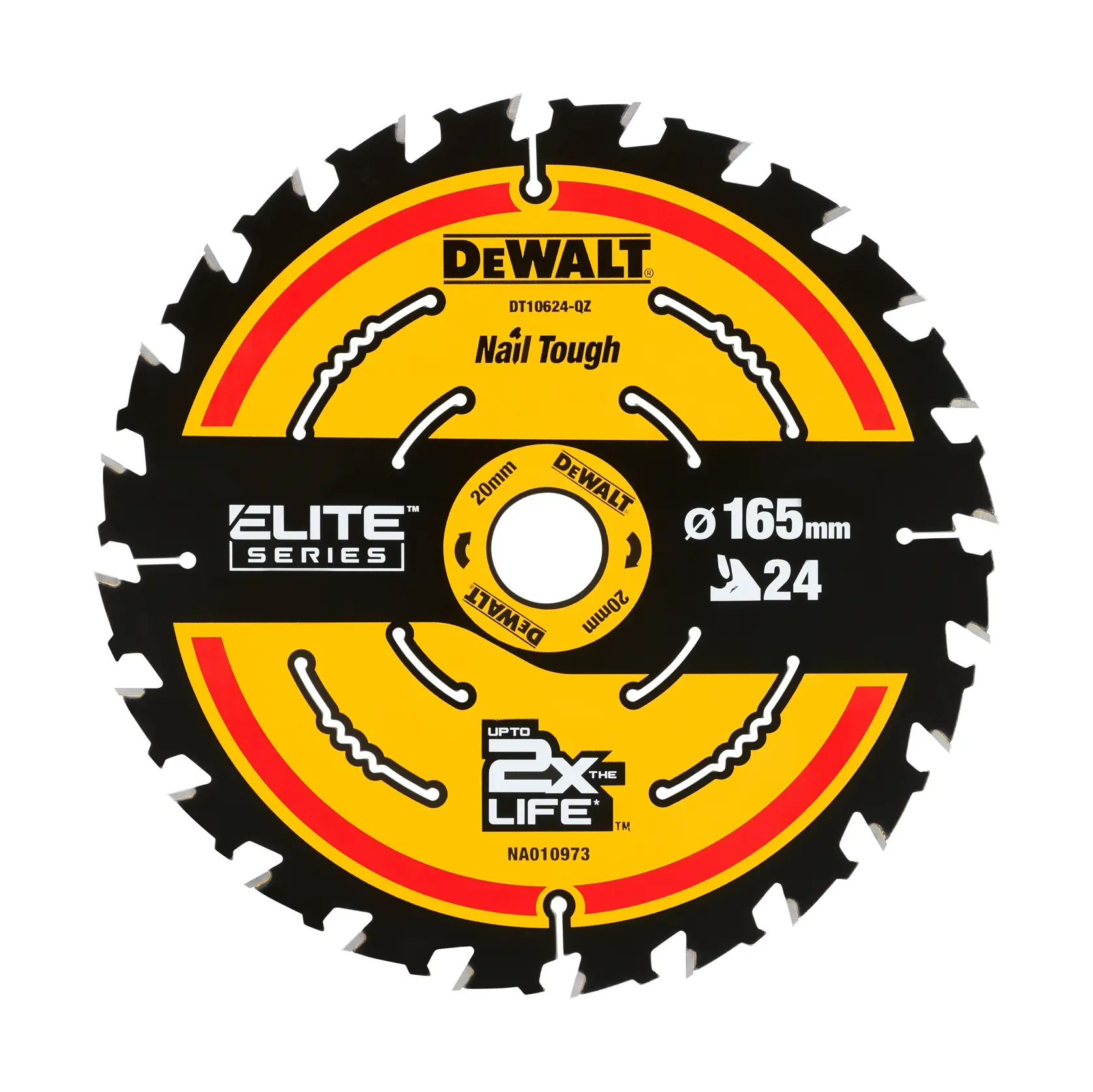 DEWALT Elite Series Kreissägeblatt 165mm, 24 Zähne, für Nägel geeignet, gelb-schwarzes Design.