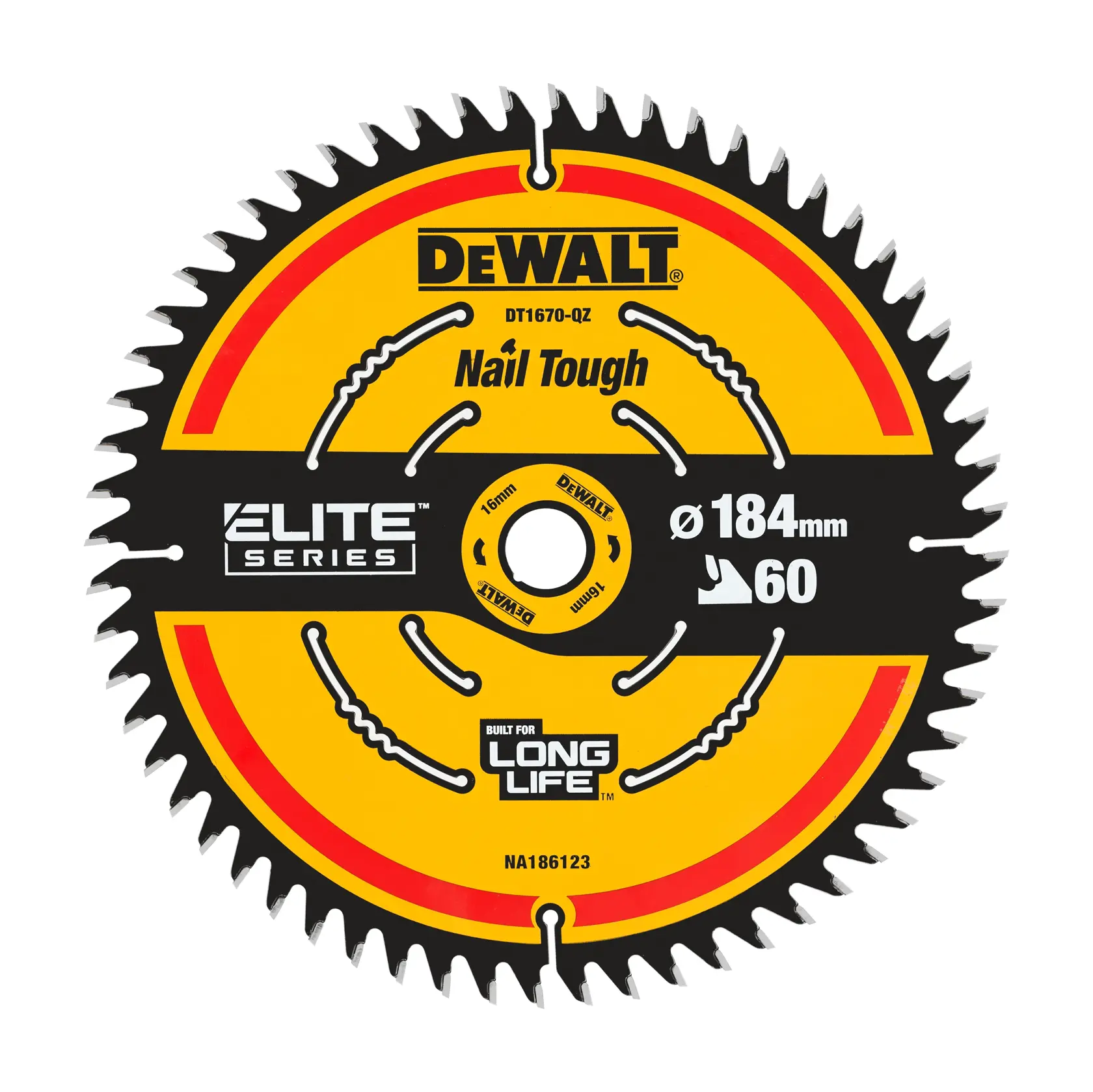 DEWALT DT1670 Elite Series 184mm Kreissägeblatt mit 60 Zähnen für harte Schnitte und lange Haltbarkeit.