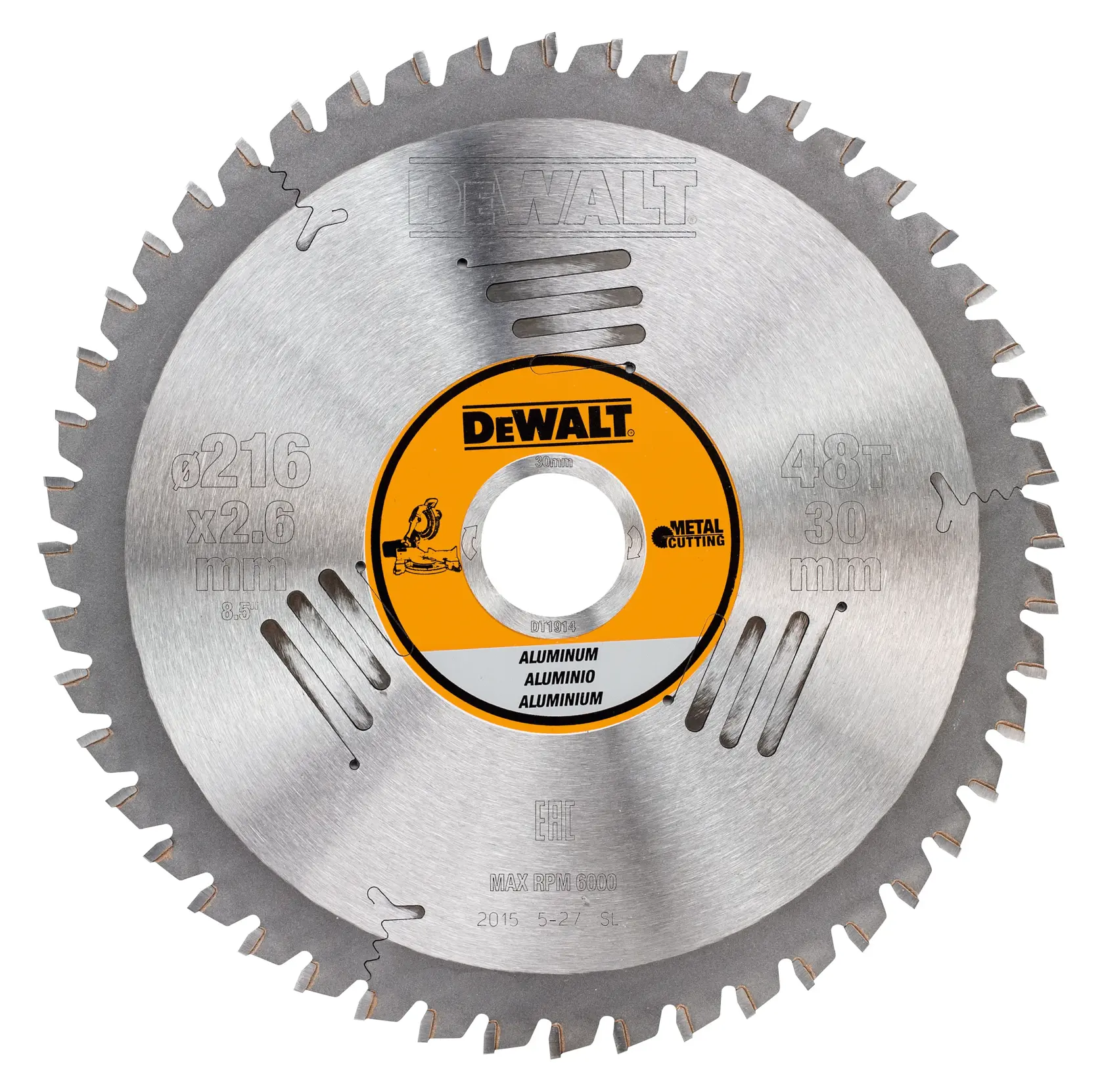 DEWALT DT1914 Metall-Sägeblatt für Aluminium, 216mm Durchmesser, 48 Zähne, rundes Blatt.