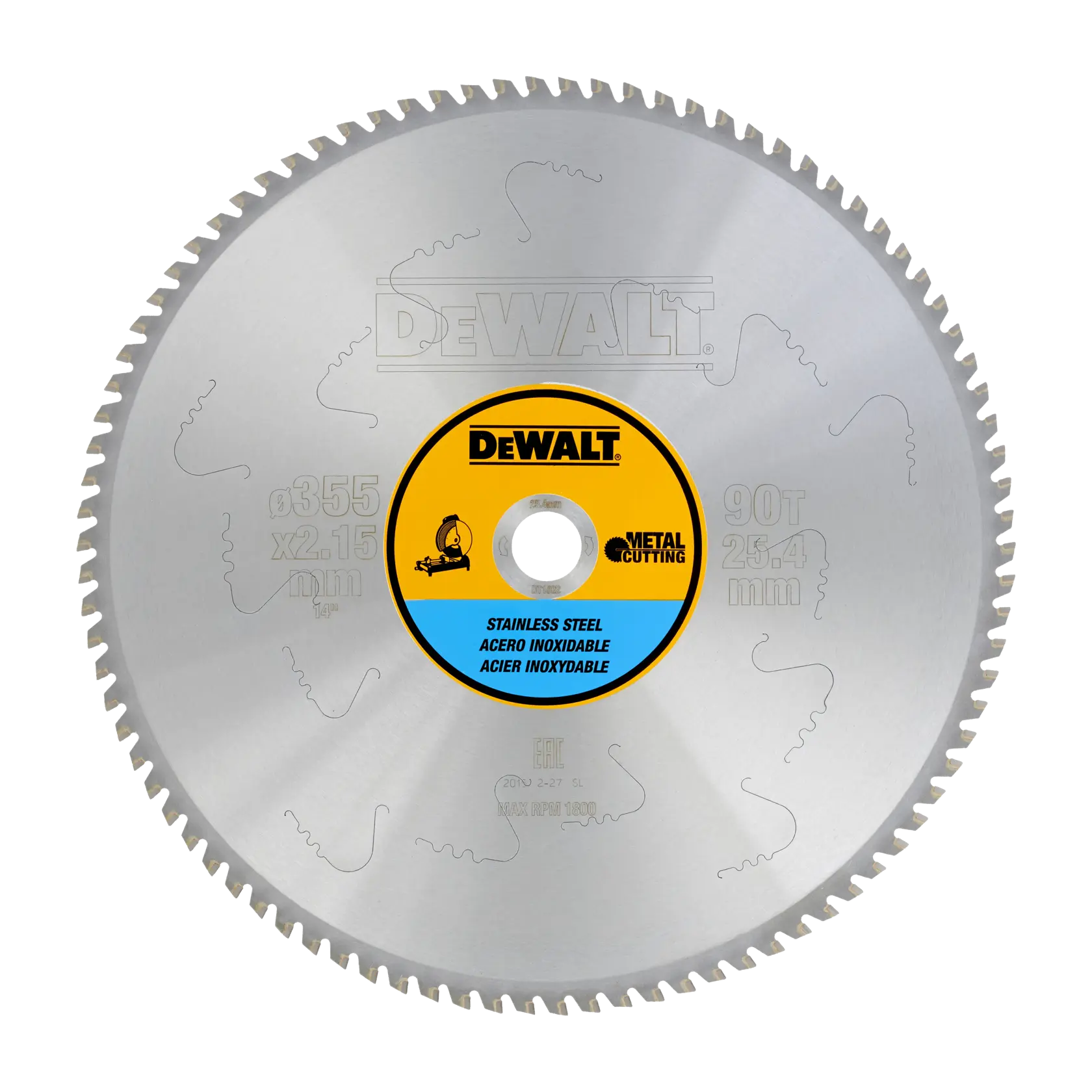 DEWALT Edelstahl-Kreissägeblatt für Metall, 355mm Durchmesser, 90 Zähne.