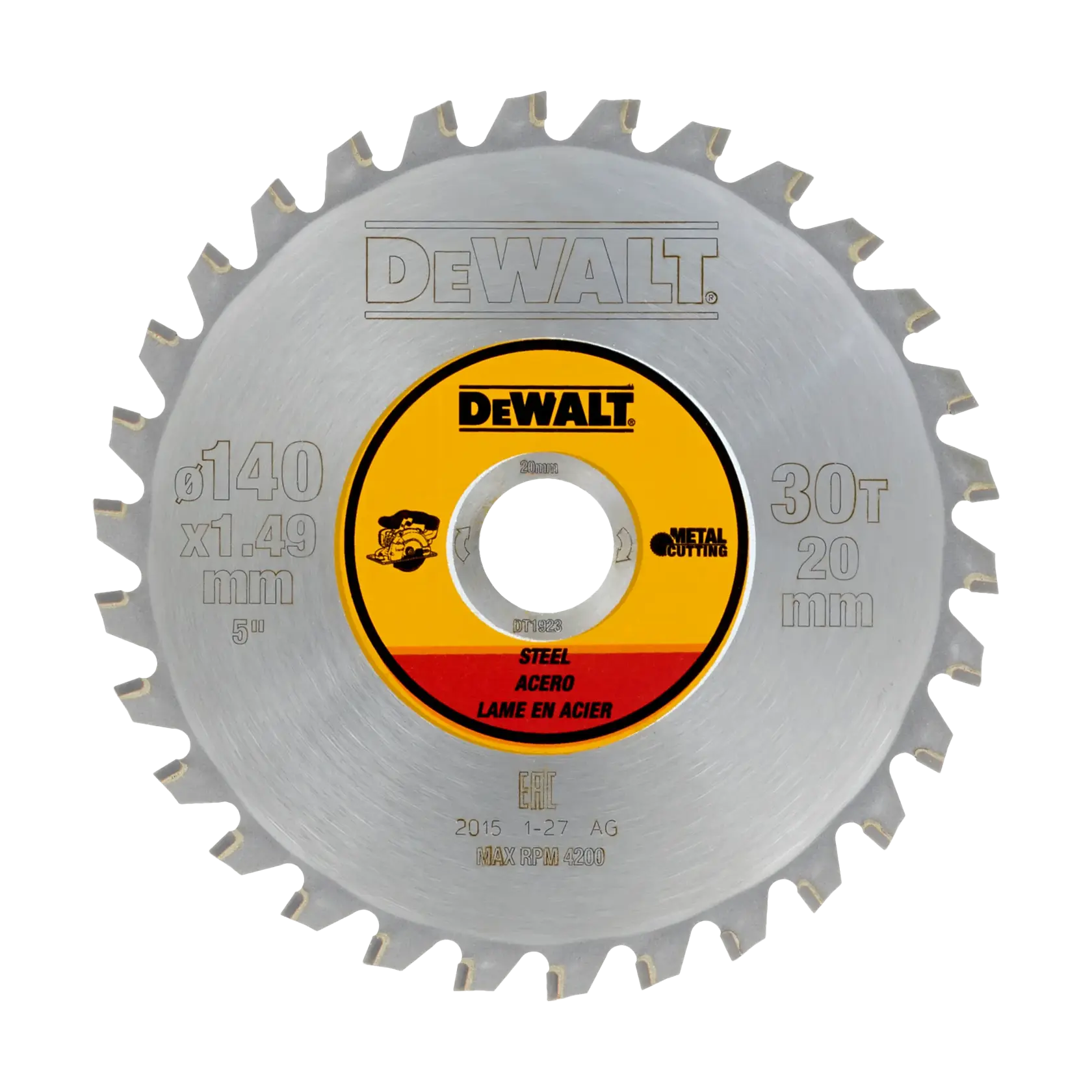 DEWALT DT1923 Stahl-Sägeblatt, 140mm Durchmesser, 30 Zähne, für Metallschnitt geeignet.