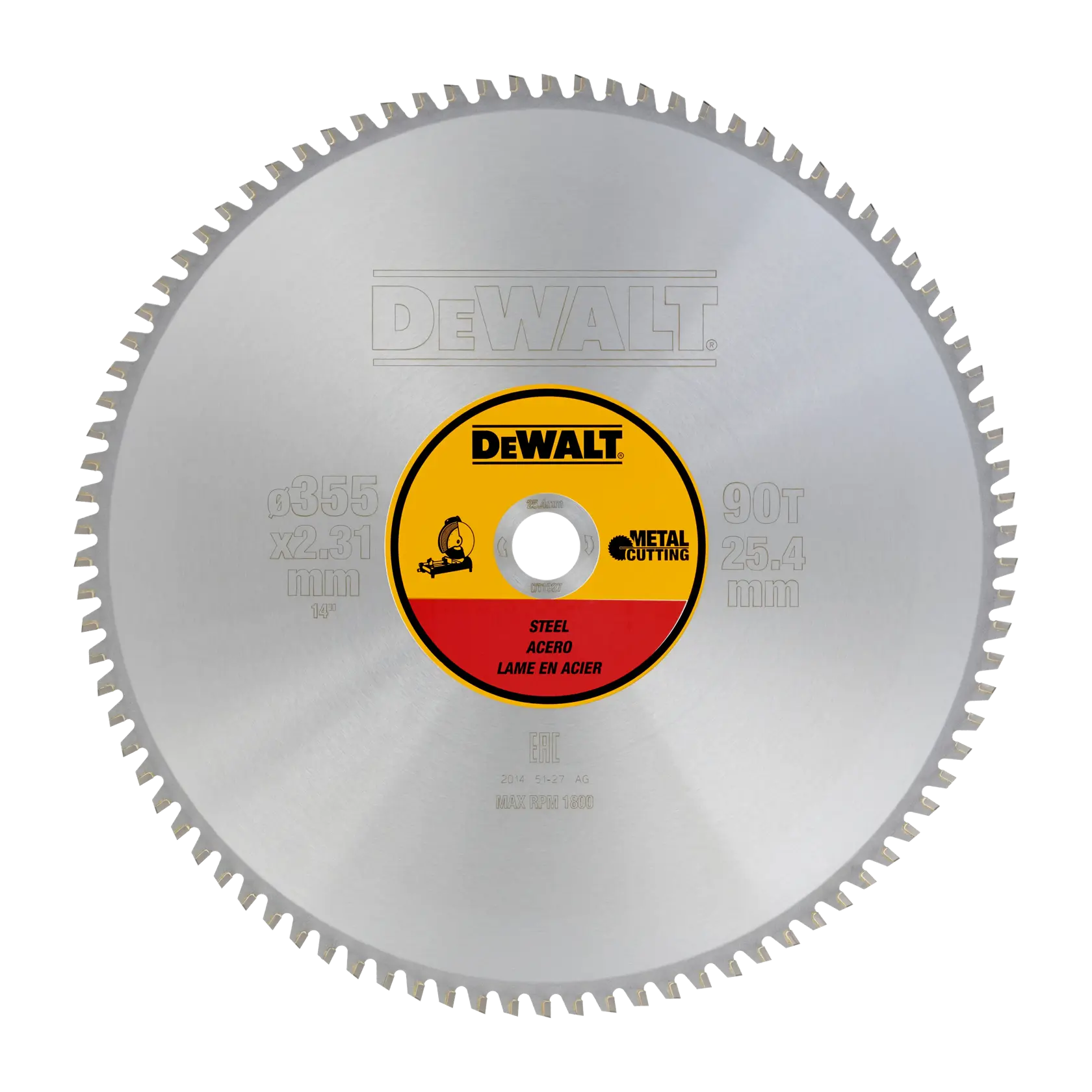 DEWALT DT1927 Kreissägeblatt für Stahl, 355mm Durchmesser, 90 Zähne, Metall schneiden.
