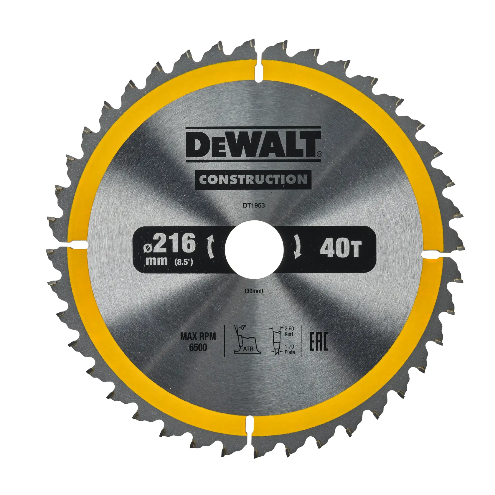 DEWALT DT1953 Kreissägeblatt, 216mm Durchmesser, 40 Zähne, silbern mit gelbem Rand, für Bauarbeiten.