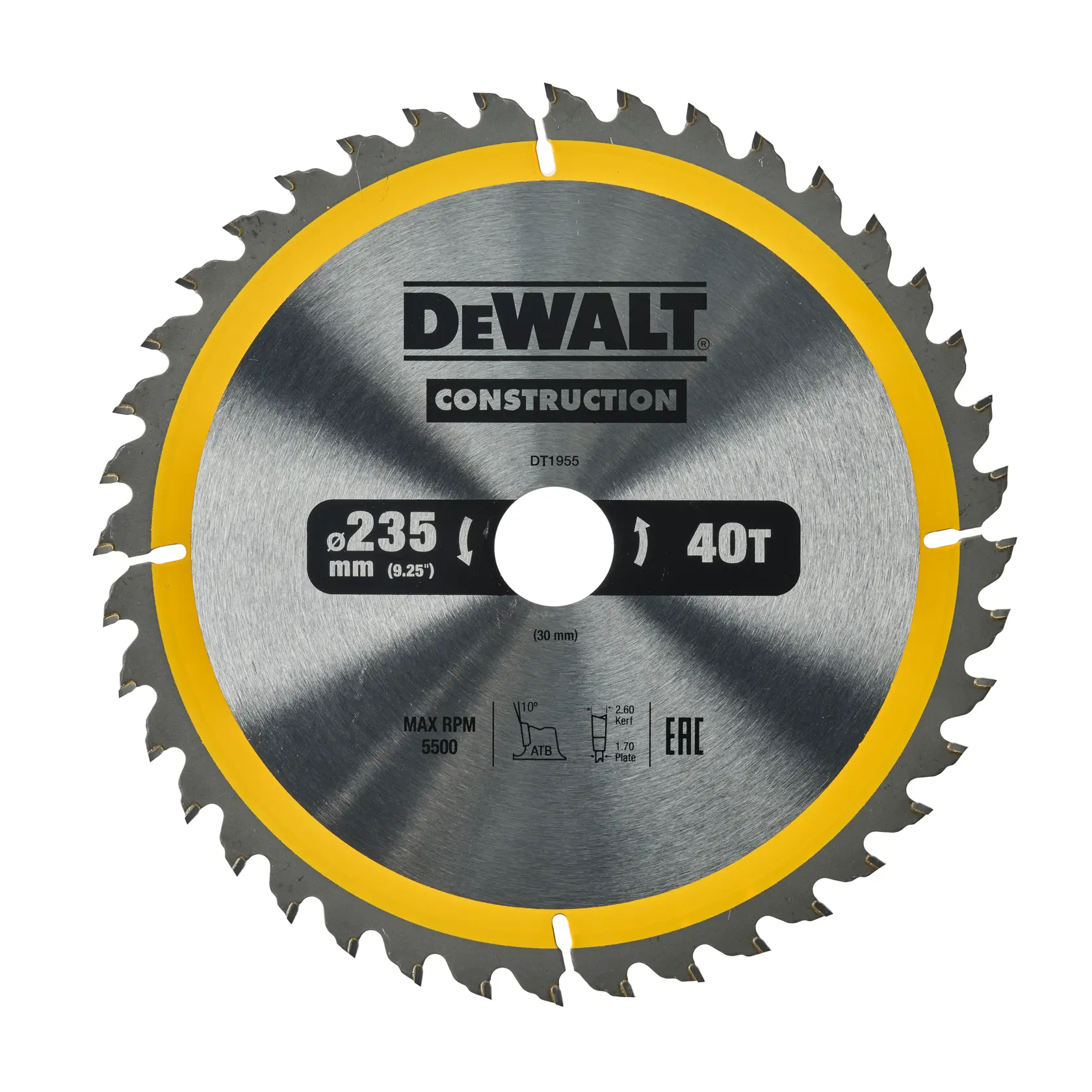 Disco de sierra circular DEWALT DT1955, 235mm, 40 dientes, plateado con borde amarillo, para construcción.