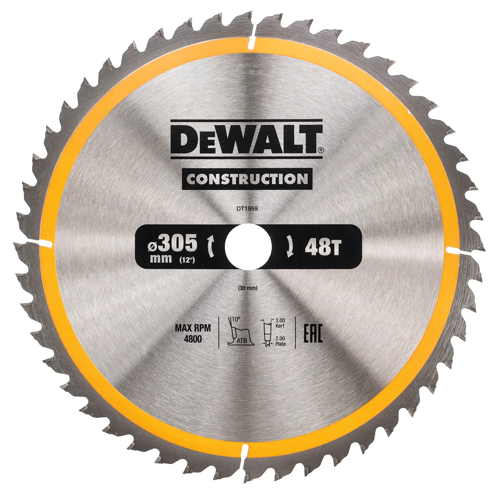DEWALT DT1959 Kreissägeblatt, 305mm Durchmesser, 48 Zähne, für Bauarbeiten.