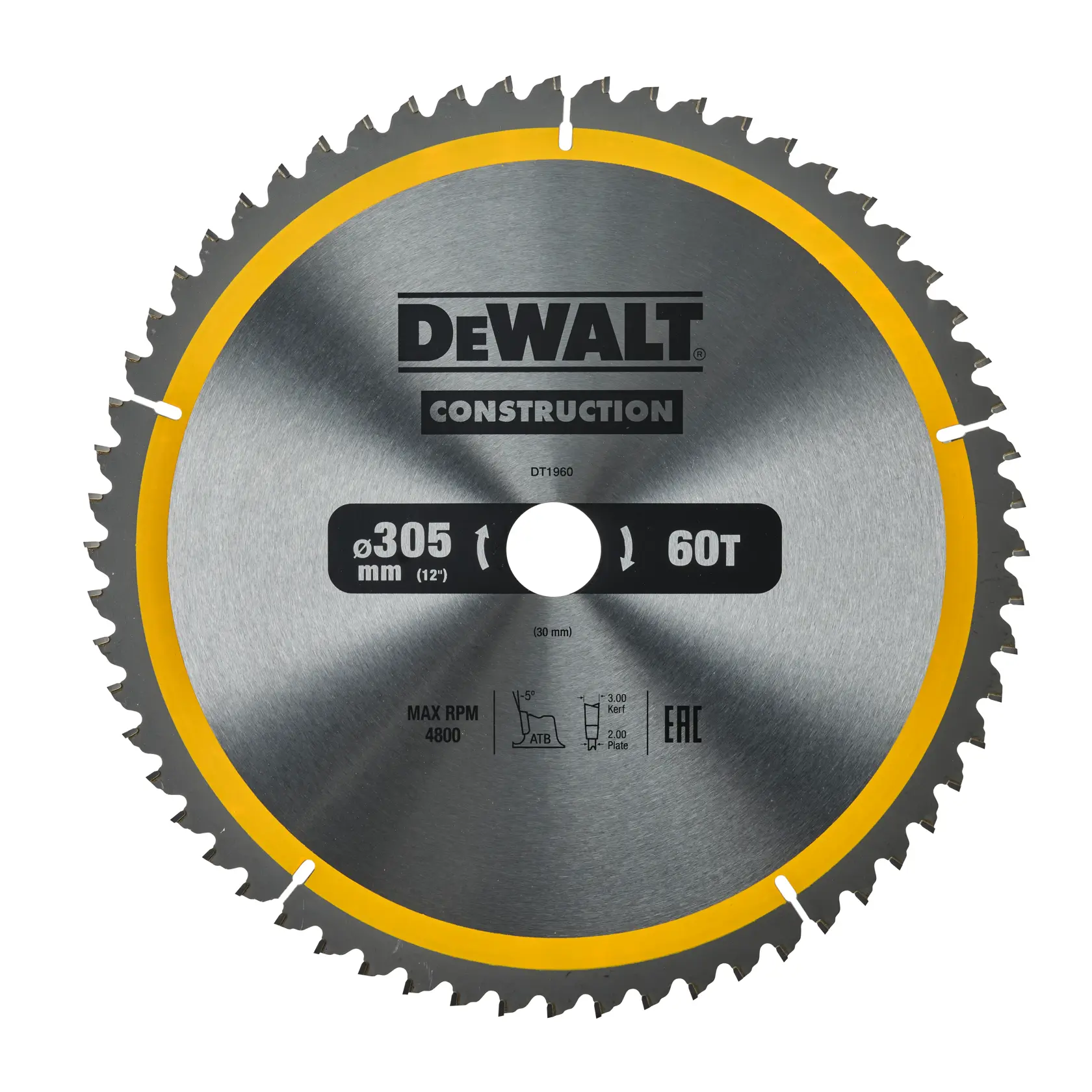 DEWALT DT1960 Konstruktions-Kreissägeblatt, 305 mm Durchmesser, 60 Zähne, silberfarben mit gelbem Rand.