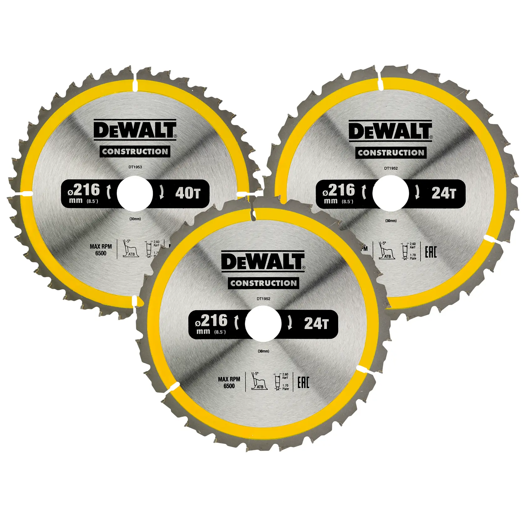 Drei DEWALT 216-mm Kreissägeblätter mit gelbem Rand. Die Blätter zeigen 40T und 24T Zähne.