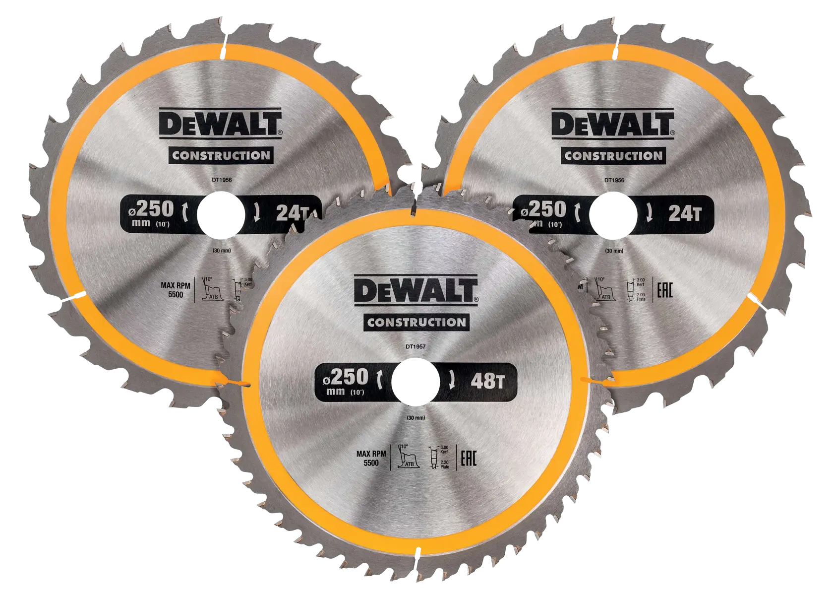 Drei DEWALT Kreissägeblätter mit 250mm Durchmesser und gelbem Rand für Bauarbeiten.