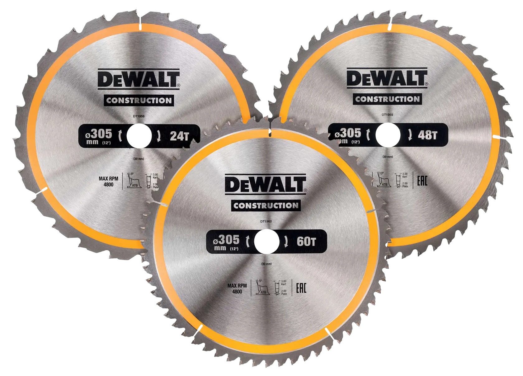 Drei DEWALT Kreissägeblätter für Bau, 305mm Größe, verschiedene Zahnung: 24T, 48T, 60T.