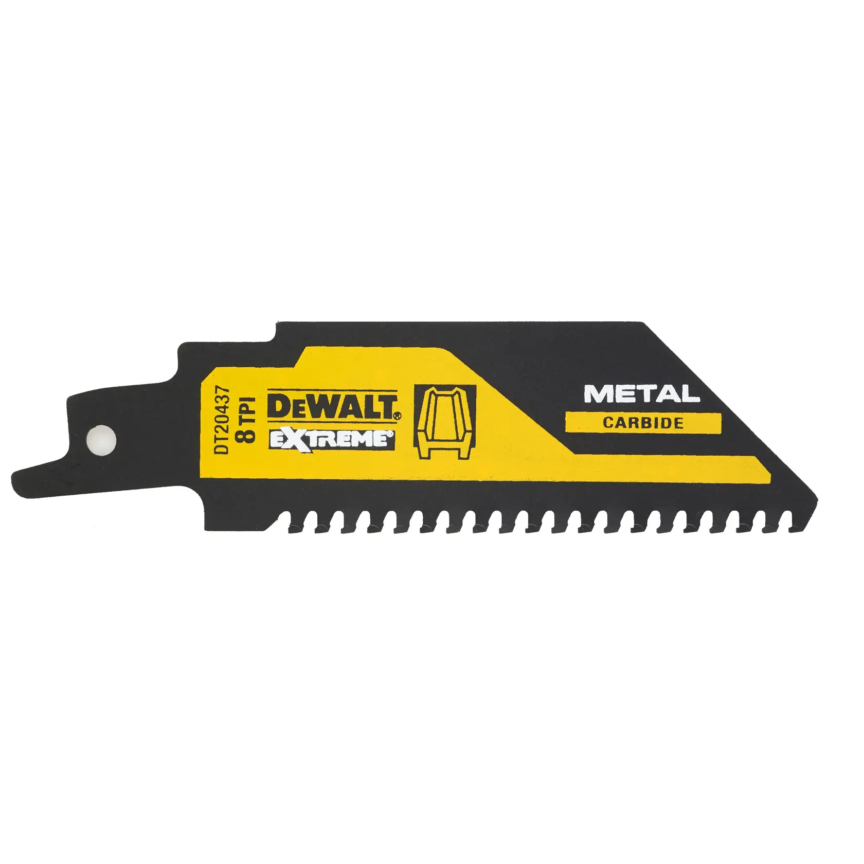 DEWALT DT20437 Extreme Hartmetall-Metallsägeblatt mit gelber und schwarzer Farbgebung, Produktdetails und Markenlogo sind auf der Oberfläche sichtbar.