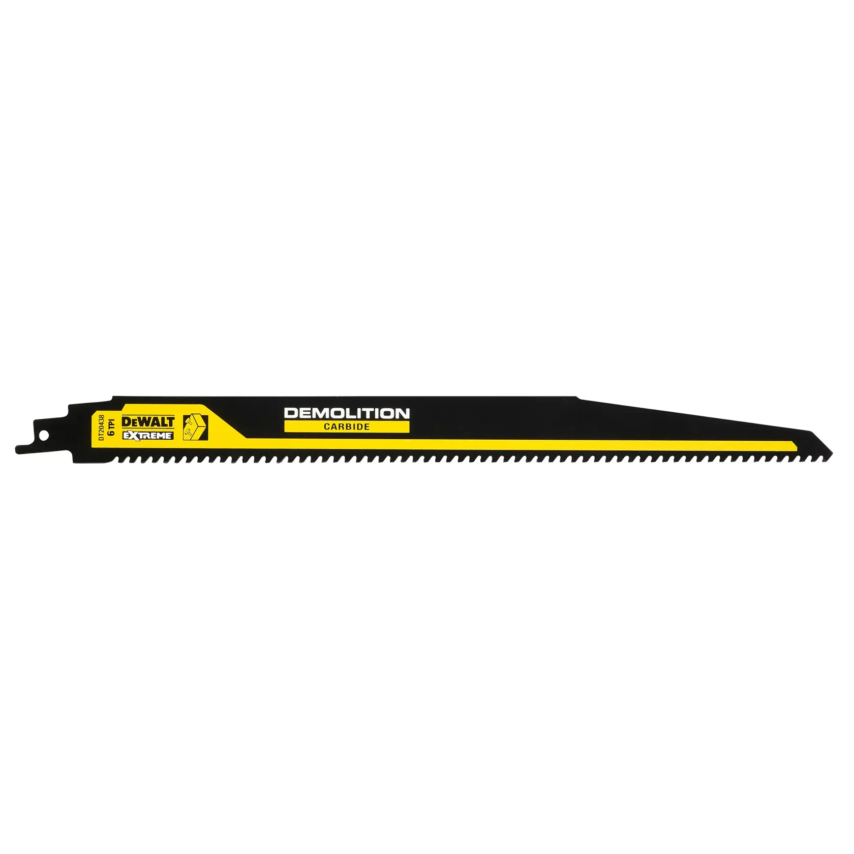 DEWALT DT20438 Demolition Sägeblatt aus Karbid, schwarz mit gelbem Etikett, für starke Schnitte.