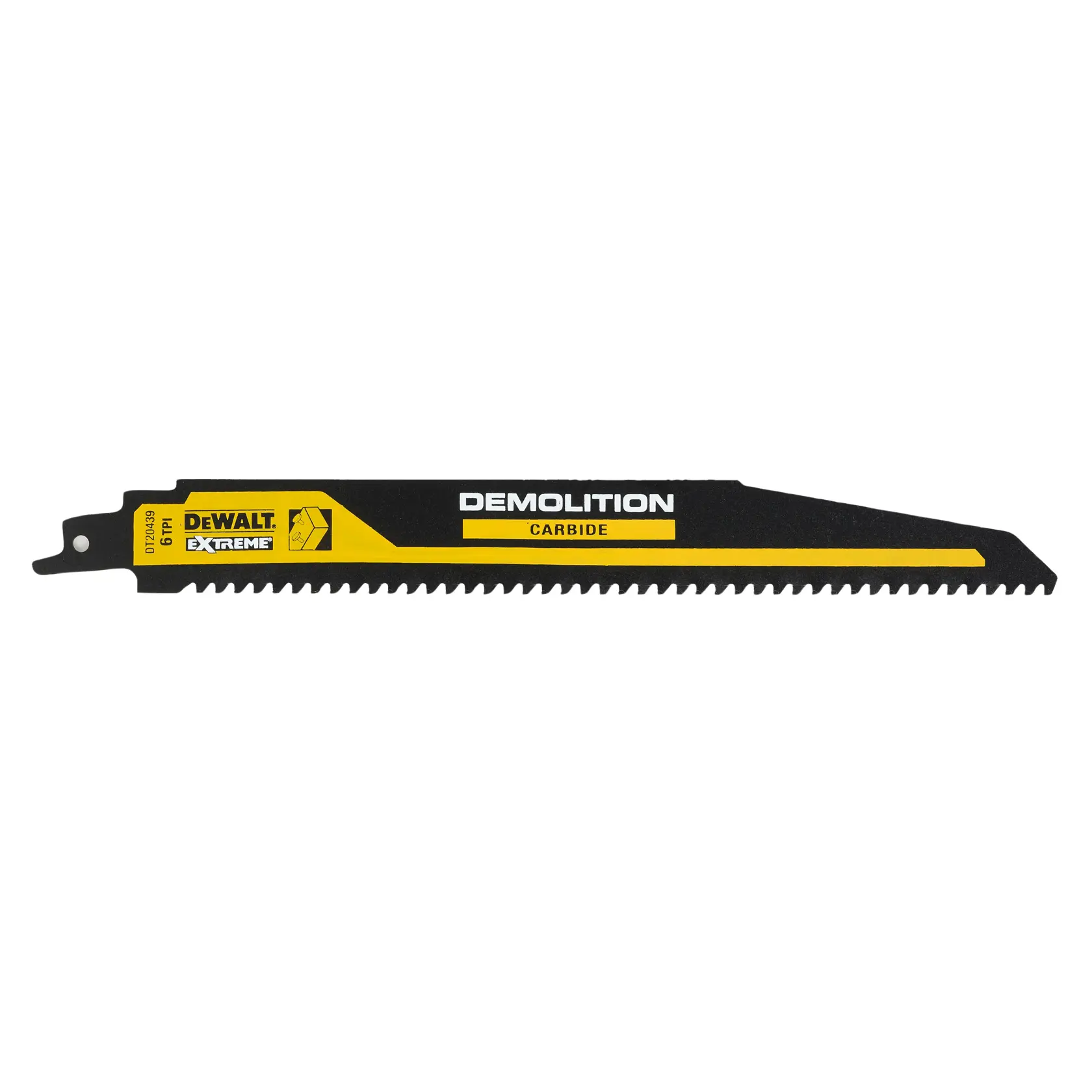 DEWALT DT20439 Sägeblatt für Säbelsägen mit Hartmetall zur Demontage in Schwarz und Gelb, entwickelt für schwere Schneidanwendungen.