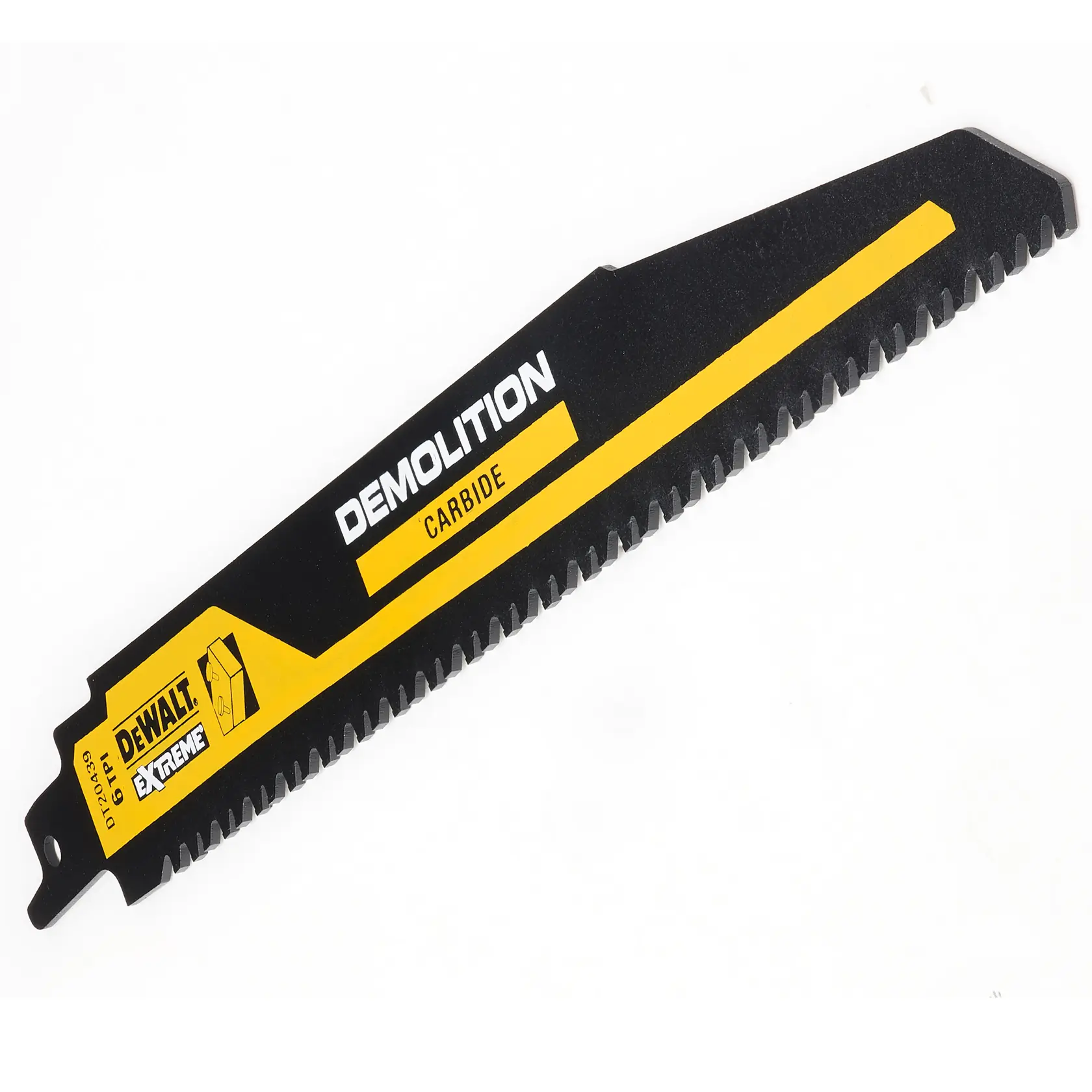 Ein DEWALT Demolition-Karbidsägeblatt mit schwarzem und gelbem Design, scharfen Zähnen und den Aufschriften 'DEWALT EXTREME', 'DEMOLITION' und 'CARBIDE'.