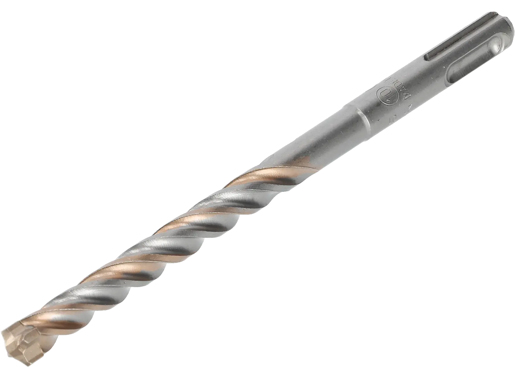 Broca DEWALT con flauta en espiral para mampostería o concreto. Cuerpo plateado y punta cobre.